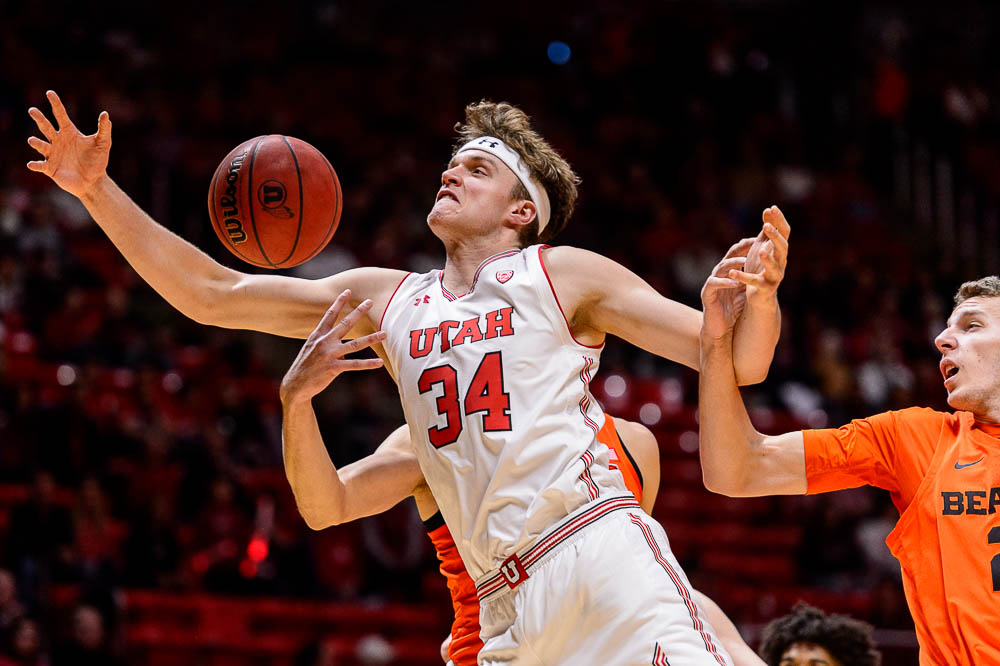 (Trent Nelson | The Salt Lake Tribune) Utah Utes center Jayce Johnson (34) as Utah hosts Oregon State, NCAA basketball in Salt Lake City on Saturday Feb. 2, 2019.