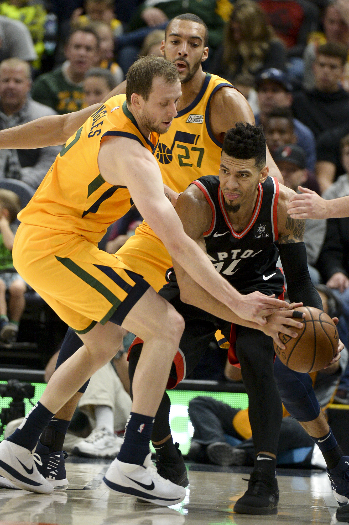 Leah Hogsten | The Salt Lake Tribune Utah Jazz forward Joe Ingles (2) pressures Toronto Raptors guard Danny Green (14) as the Utah Jazz host the Toronto Raptors, Monday, Nov. 5, 2018 at Vivant Smart Home Arena.