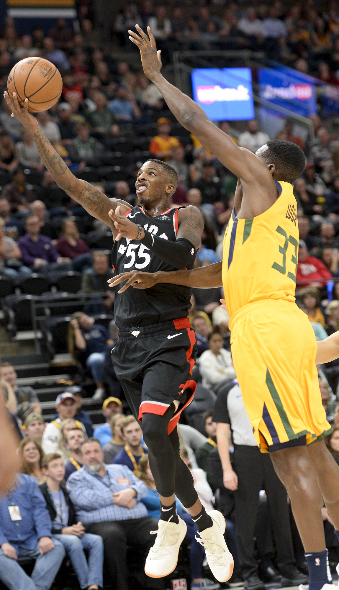 Leah Hogsten | The Salt Lake Tribune Toronto Raptors guard Delon Wright (55) hits the net as the Utah Jazz lose to the Toronto Raptors, 111-124, Monday, Nov. 5, 2018 at Vivant Smart Home Arena.