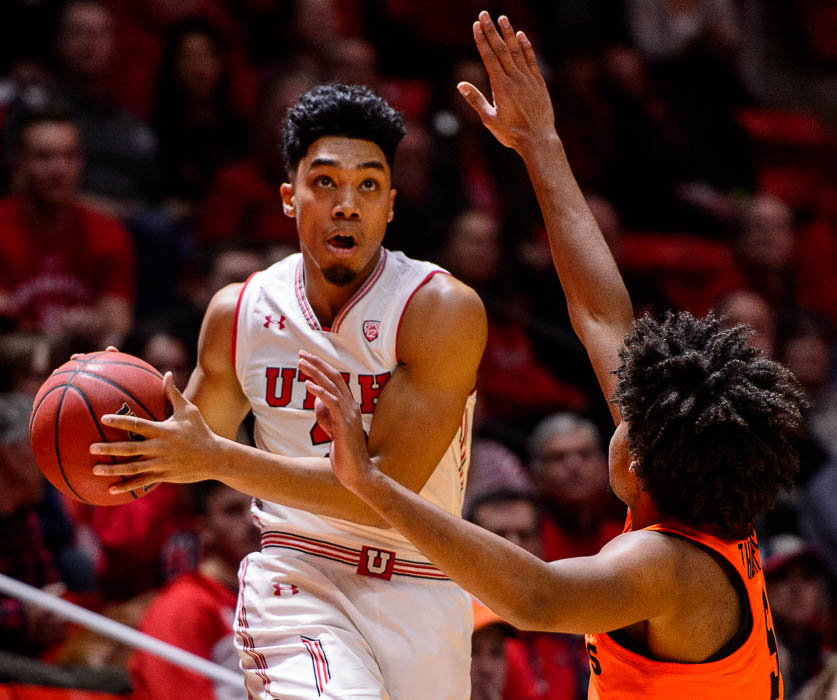(Trent Nelson | The Salt Lake Tribune) Utah Utes guard Sedrick Barefield (2) defended by Oregon State Beavers guard Ethan Thompson (5) as Utah hosts Oregon State, NCAA basketball in Salt Lake City on Saturday Feb. 2, 2019.