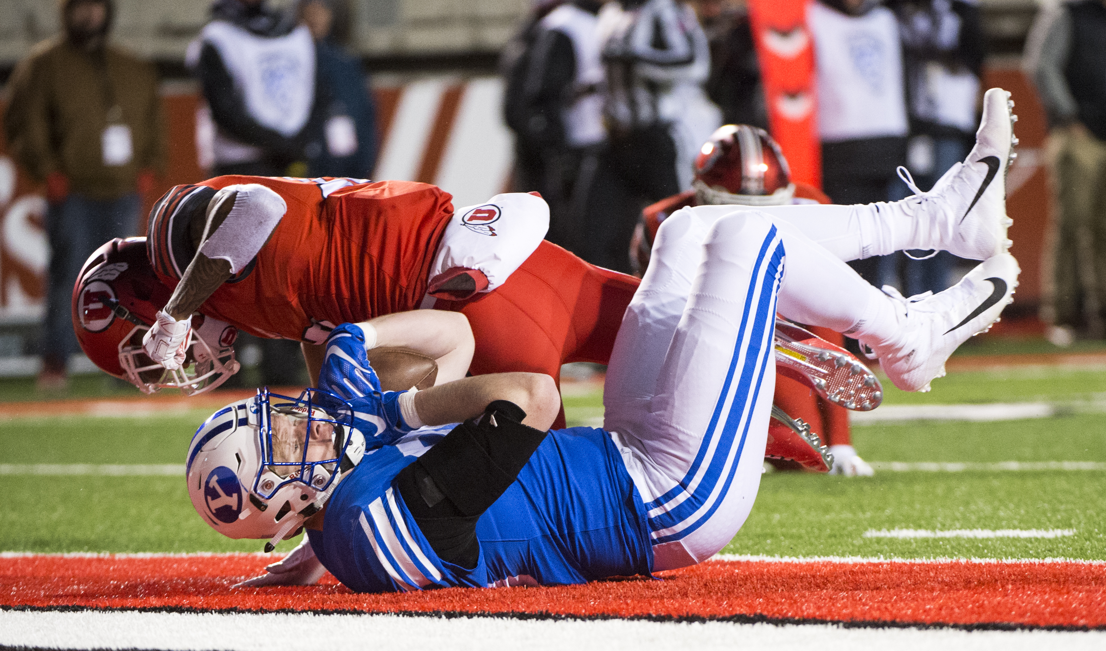(Rick Egan | The Salt Lake Tribune) Brigham Young tight end Matt Bushman (89) lands in the end zone for a Cougar touchdown, in football action between the Brigham Young Cougars and the Utah Utes, at Rice-Eccles Stadium, Saturday, November 24, 2018. 