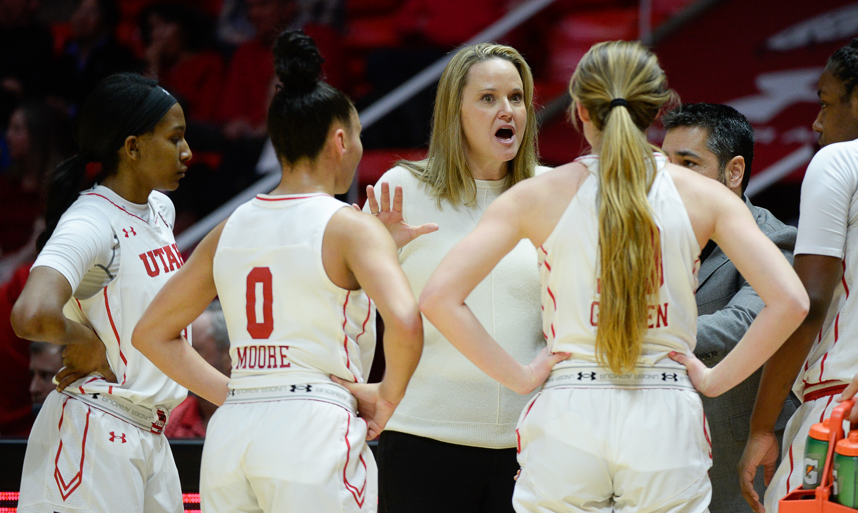 (Francisco Kjolseth | The Salt Lake Tribune) Utah head coach Lynne Robertsat rallies her team in the final minutes of play against UCLA at the Jon M. Huntsman Center in Salt Lake City on Sunday, Feb. 10, 2019. UCLA slipped away for the win 100-90.