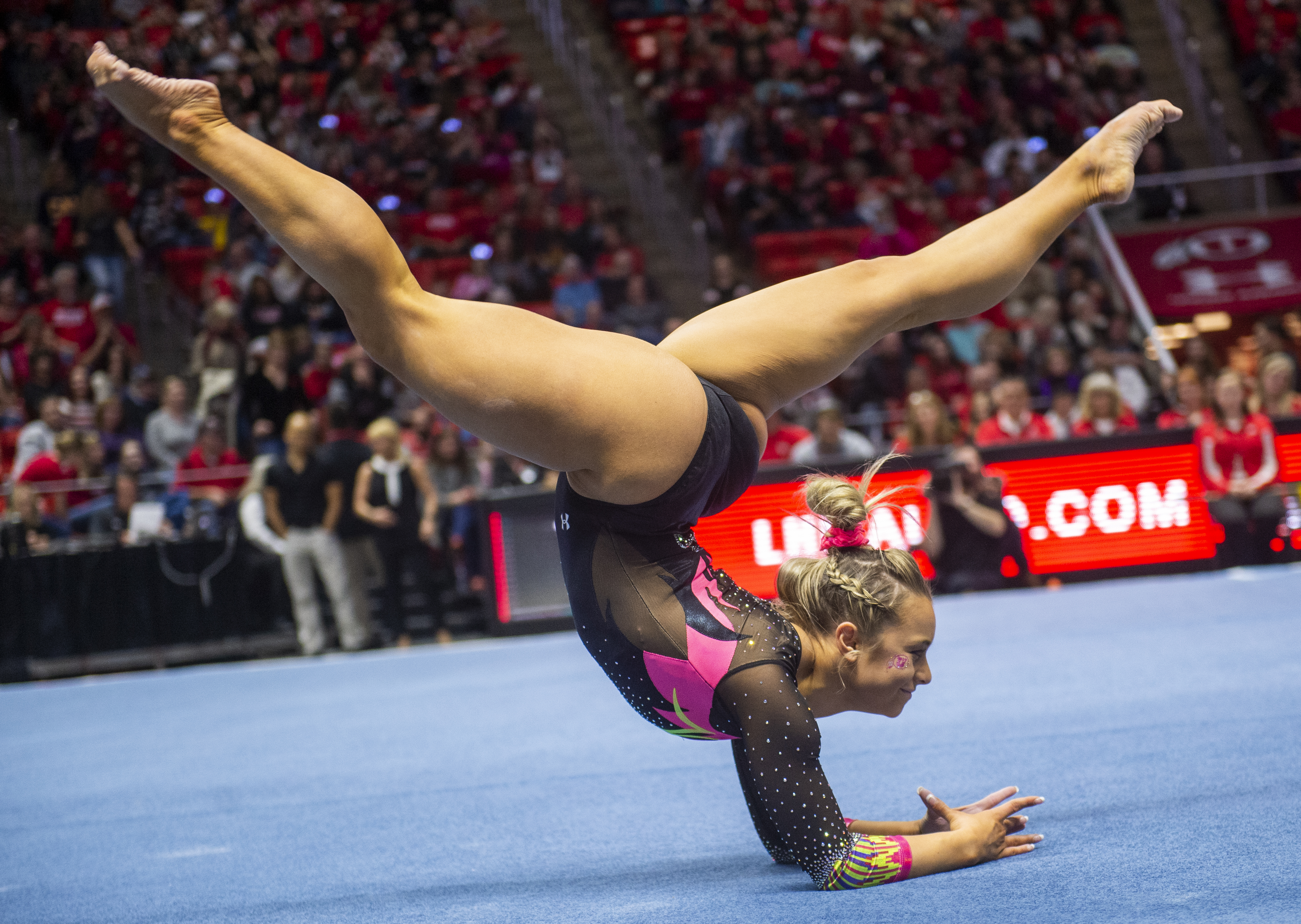 (Rick Egan | The Salt Lake Tribune) Sydney Soloski competes on the floor, in PAC-12 Gymnastics action between the Utes and The California Golden Bears, in the Jon M. Huntsman Center, in Salt Lake CIty, Saturday, Feb. 9, 2019. 