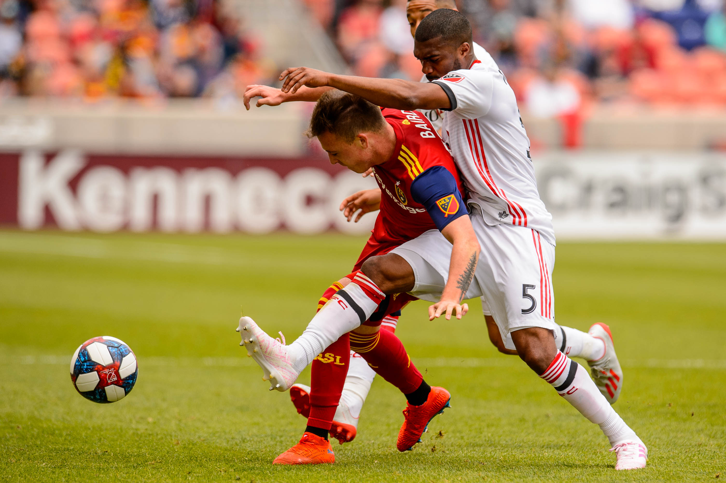 (Trent Nelson | The Salt Lake Tribune) Real Salt Lake forward Corey Baird (17) and Toronto FC defender Ashtone Morgan (5) as Real Salt Lake hosts Toronto FC, MLS Soccer at Rio Tinto Stadium in Sandy on Saturday May 18, 2019.