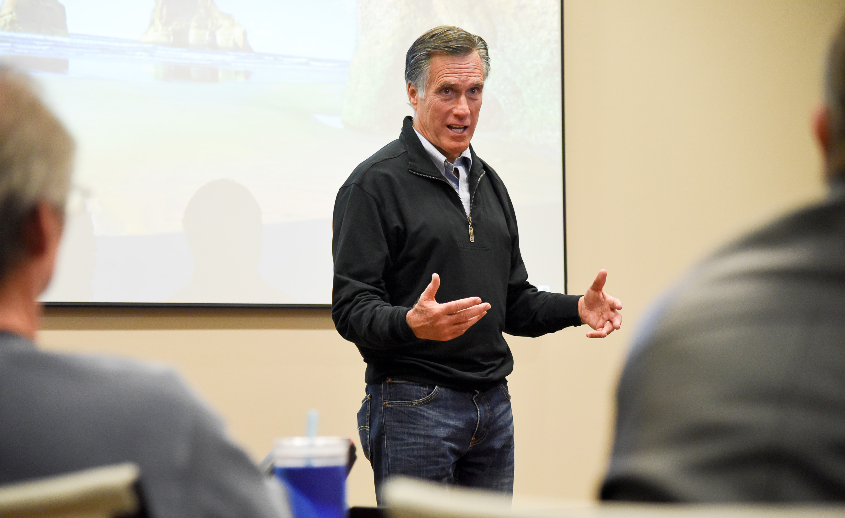 (Francisco Kjolseth | The Salt Lake Tribune) U.S. Senator Mitt Romney visits some of the overflow rooms after holding a town hall meeting at the Davis County administration building, Tuesday, January 22, 2019, to hear from local residents.