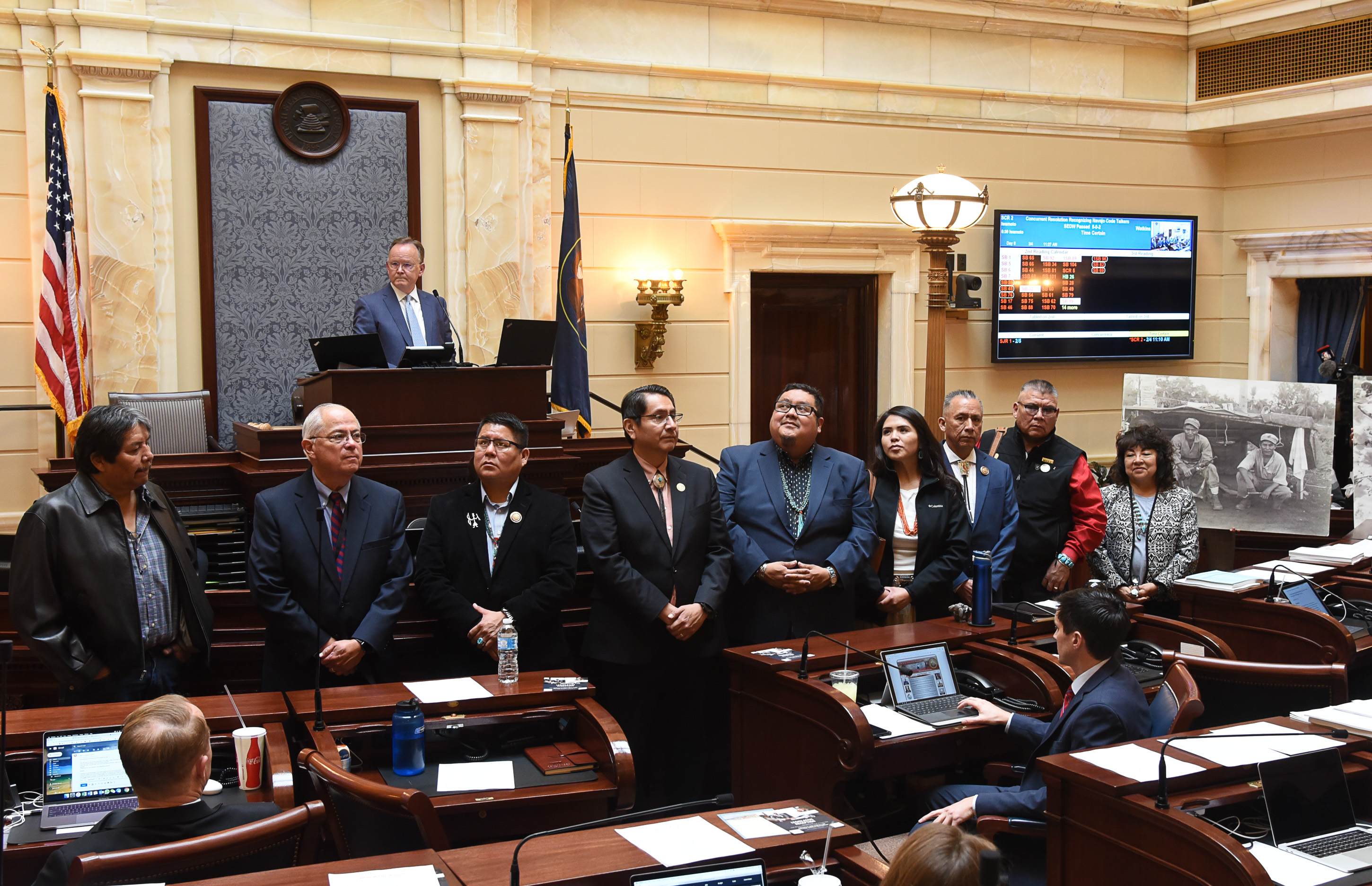 (Francisco Kjolseth | The Salt Lake Tribune) Members of the Navajo nation take to the Senate floor as Utah lawmakers on Monday unanimously passed a resolution honoring the Navajo Code Talkers and dedicating Aug. 14, 2019, to the World War II service members whose unbreakable code boosted the U.S. Marine Corps in the Pacific Theater.