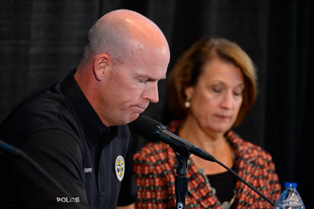 (Trent Nelson | The Salt Lake Tribune) University of Utah Police Chief Dale Brophy and President Ruth Watkins at a press conference regarding the killing of University of Utah student athlete Lauren McCluskey, in Salt Lake City, Thursday Oct. 25, 2018.