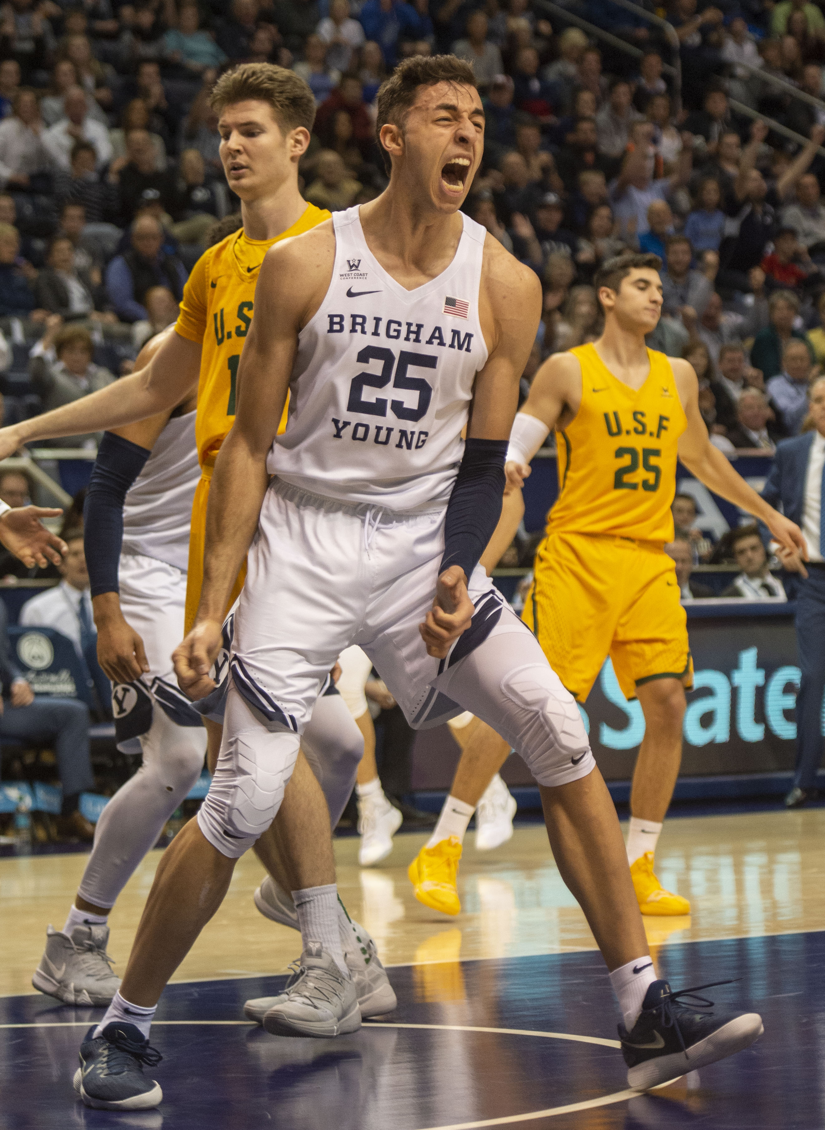 (Rick Egan | The Salt Lake Tribune) Brigham Young Cougars forward Gavin Baxter (25) reacts as the Brigham Young Cougars extend their lead early in the second half, in WCC basketball action between Brigham Young Cougars and San Francisco Dons, at the Marriott Center, Thursday, February 21, 2018. 