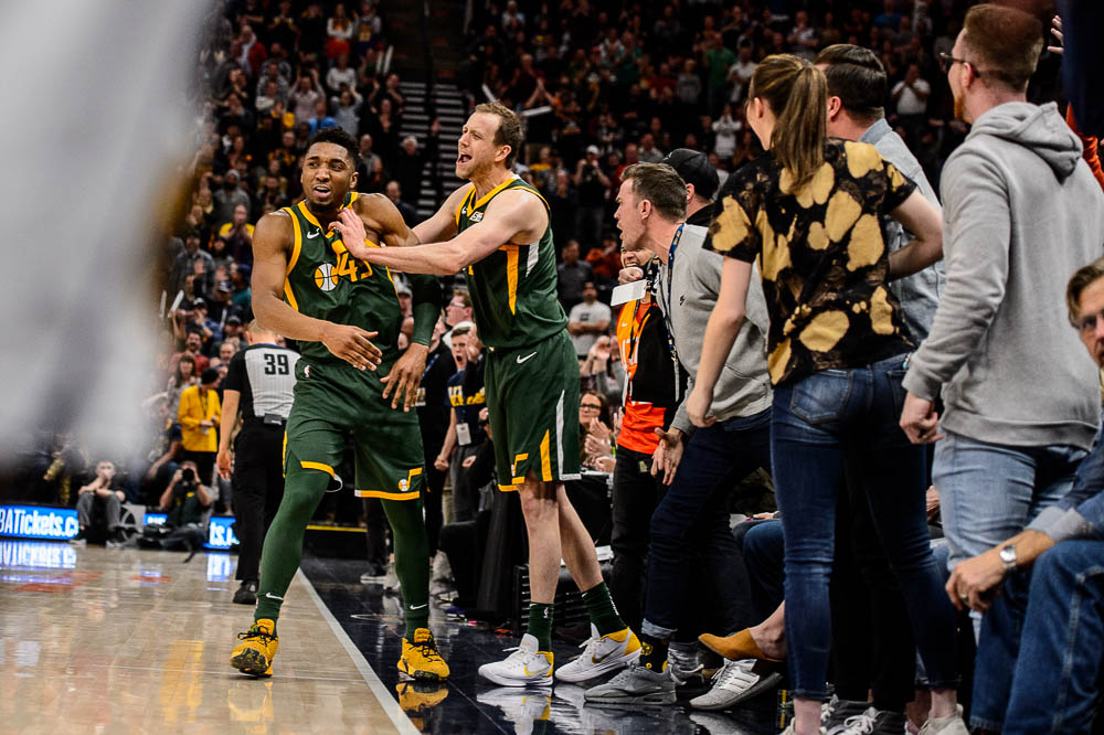 (Trent Nelson | The Salt Lake Tribune) Utah Jazz forward Joe Ingles (2) shoves Utah Jazz guard Donovan Mitchell (45), celebrating a turnover as the Utah Jazz host the Denver Nuggets, NBA basketball in Salt Lake City on Wednesday Jan. 23, 2019.
