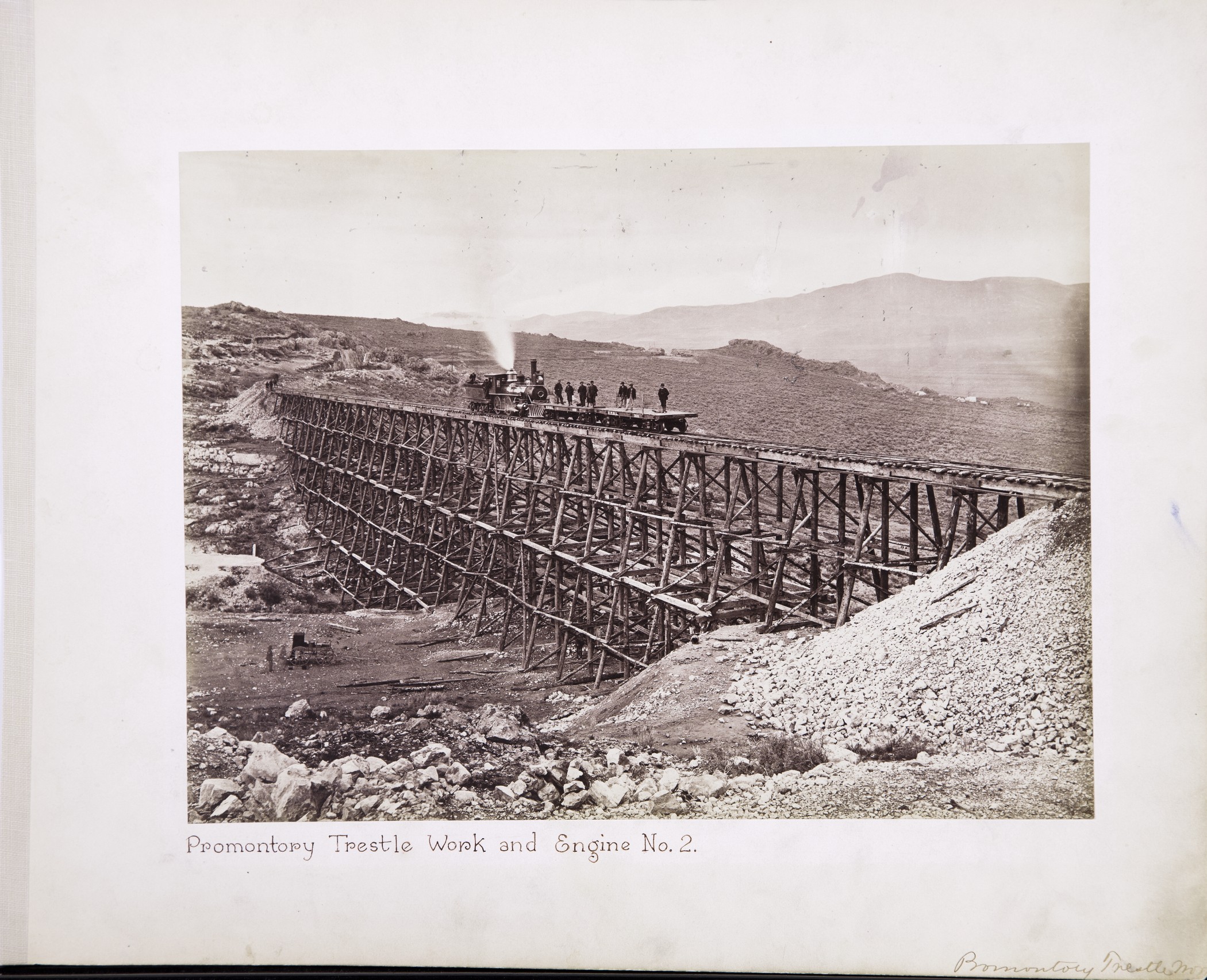 (Photo courtesy Union Pacific Railroad) Alfred A. Hart's photo “Locomotive on Trestle, near American River” is currently on display at the Utah Museum of Fine Arts. Below the trestle on the left, the wagon carrying Hart's photo developing equipment is visible.