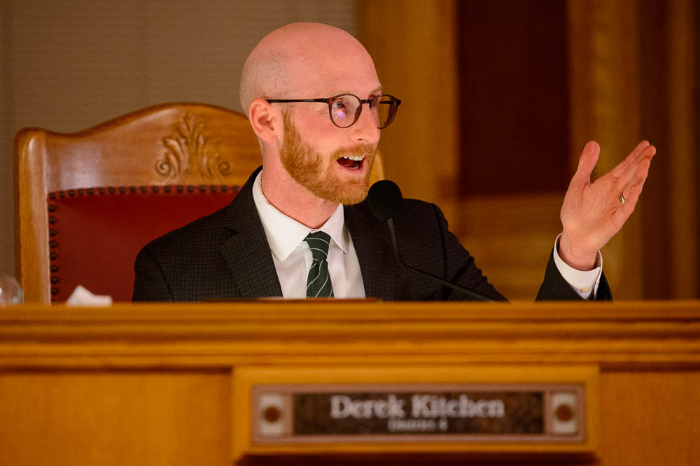 (Trent Nelson | The Salt Lake Tribune) Outgoing Salt Lake City Council Member Derek Kitchen gives his farewell marks at the council meeting on Tuesday Nov. 27, 2018.