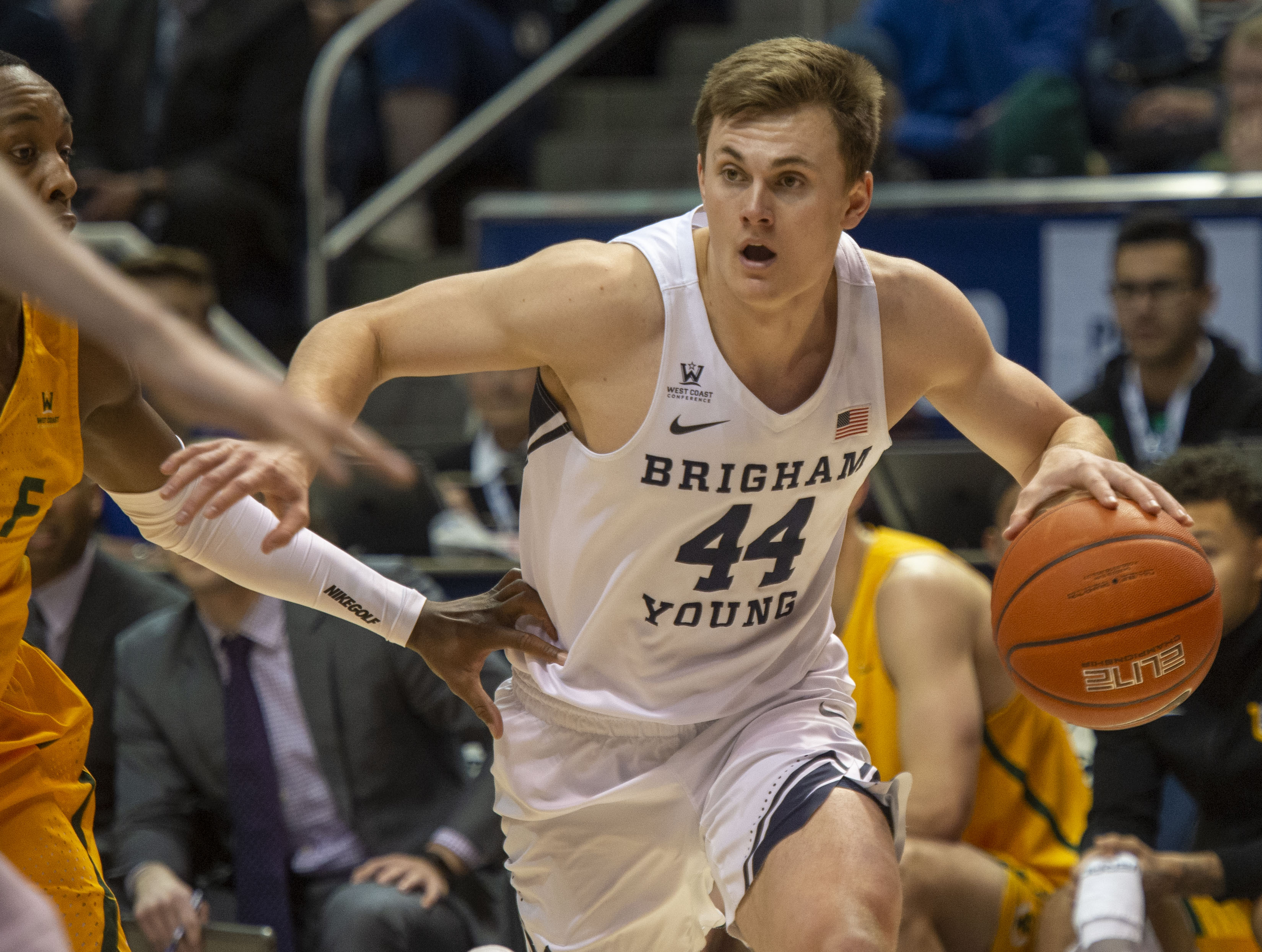 (Rick Egan | The Salt Lake Tribune) Brigham Young Cougars guard Connor Harding (44) goes to the hoop, in WCC basketball action at the Marriott Center, Thursday, February 21, 2018. 