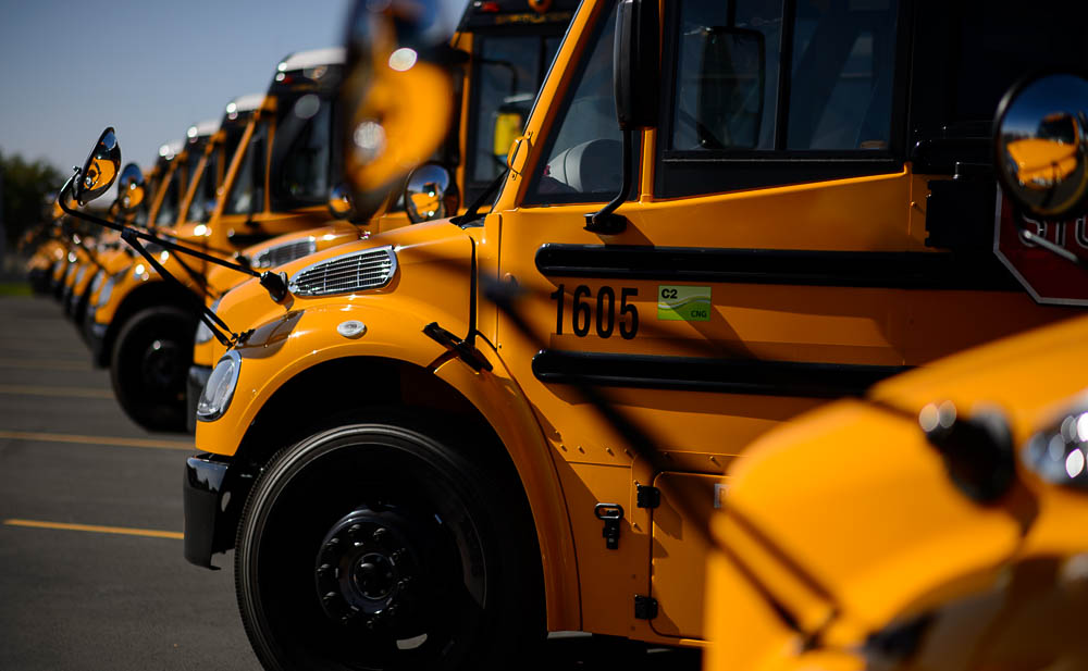 (Trent Nelson | The Salt Lake Tribune) Thirty-six new CNG school buses have been added to the Jordan School District fleet this year, bringing the total to 105, the largest fleet of CNG school buses in Utah. Wednesday Sept. 12, 2018.
