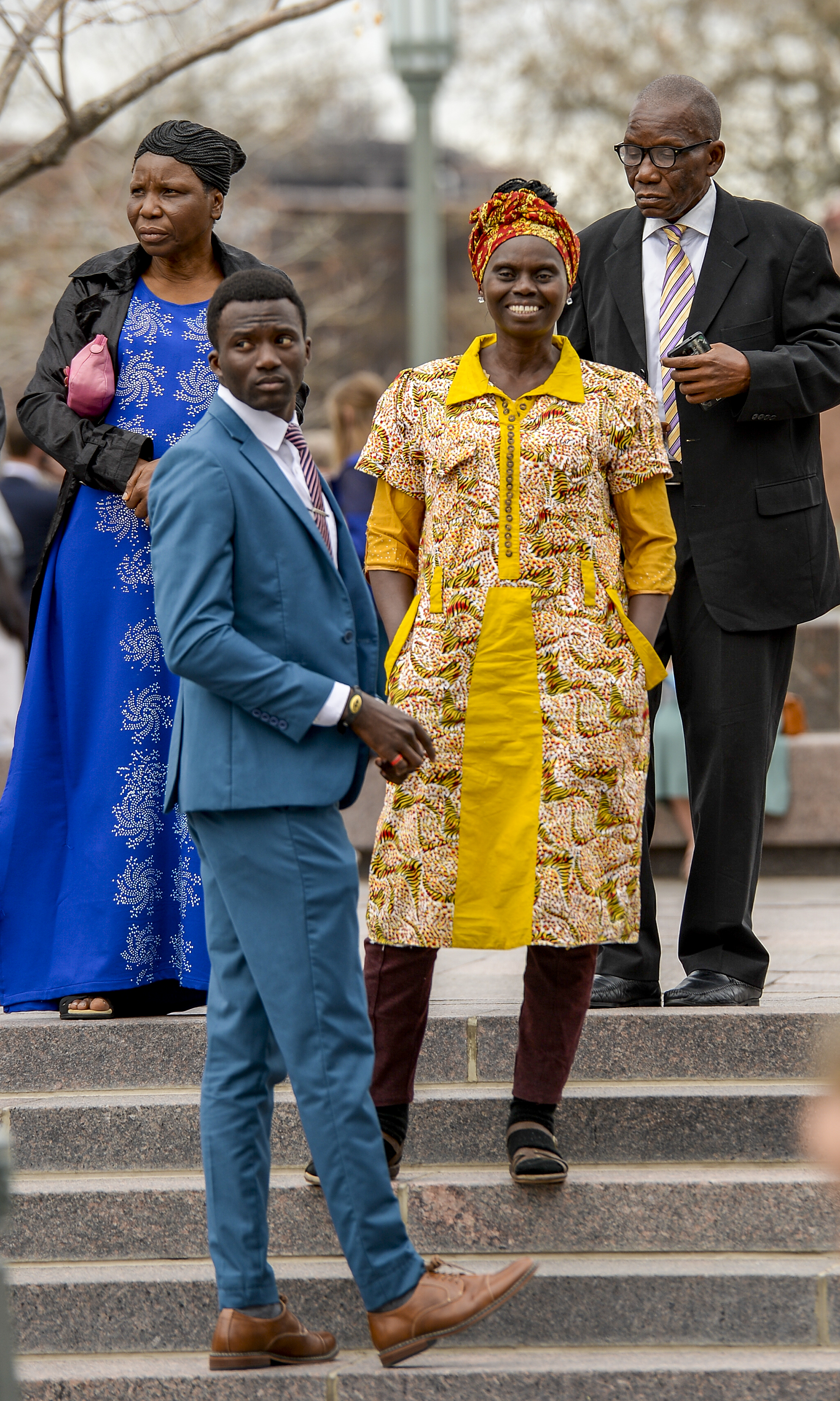 Leah Hogsten | The Salt Lake Tribune l-r Bose Akeh and her friends Gbolahan Egunjobi, his mother Olukemi Egunjobi and his father Olufemi Egunjobi chat outside before entering the afternoon session of the 189th Annual General Conference of The Church of Jesus Christ of Latter-day Saints, April 6, 2019 in Salt Lake City. 
