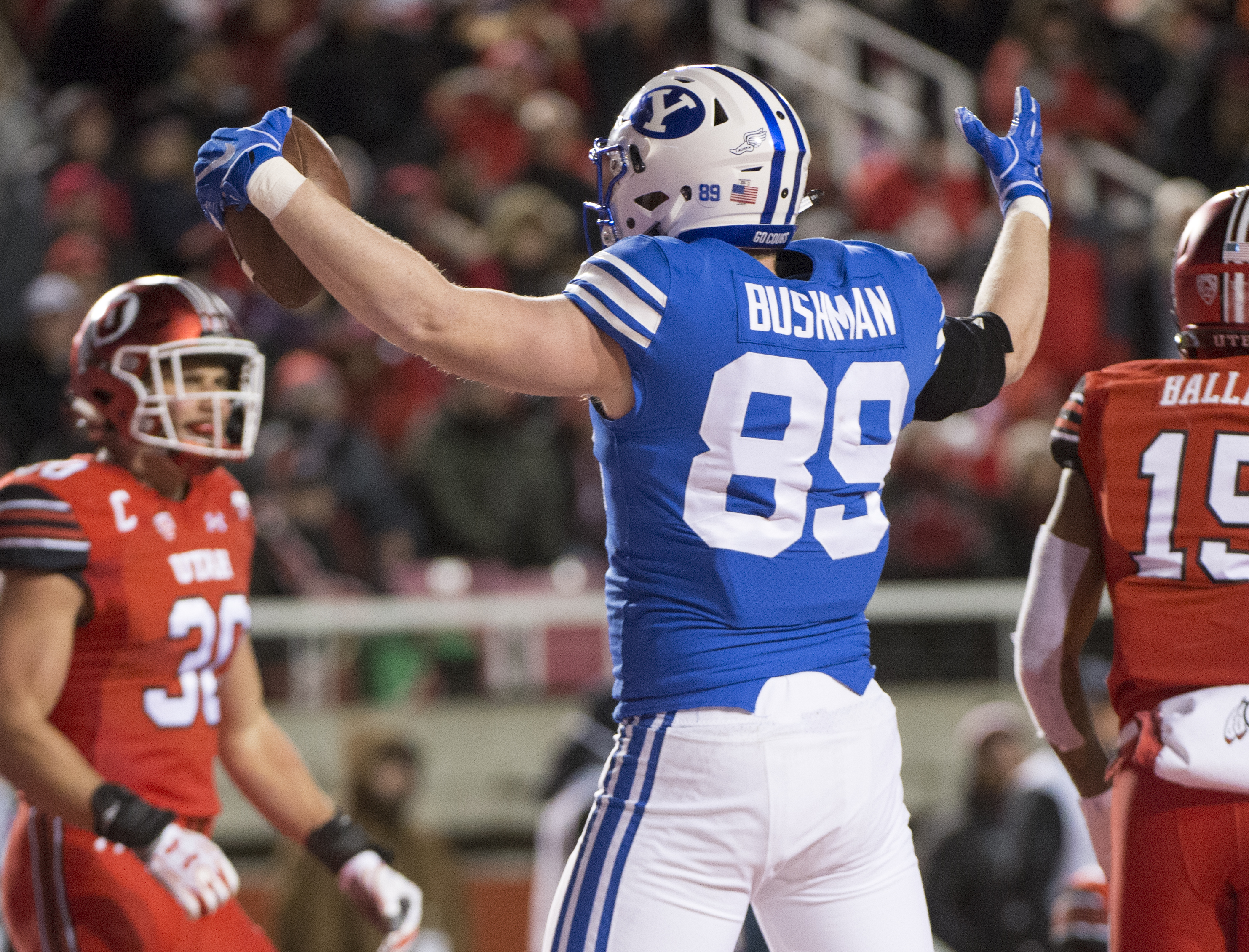 (Rick Egan | The Salt Lake Tribune) Brigham Young Cougars tight end Matt Bushman (89) celebrates his touchdown, in football action between the Brigham Young Cougars and the Utah Utes, at Rice-Eccles Stadium, Saturday, November 24, 2018. 