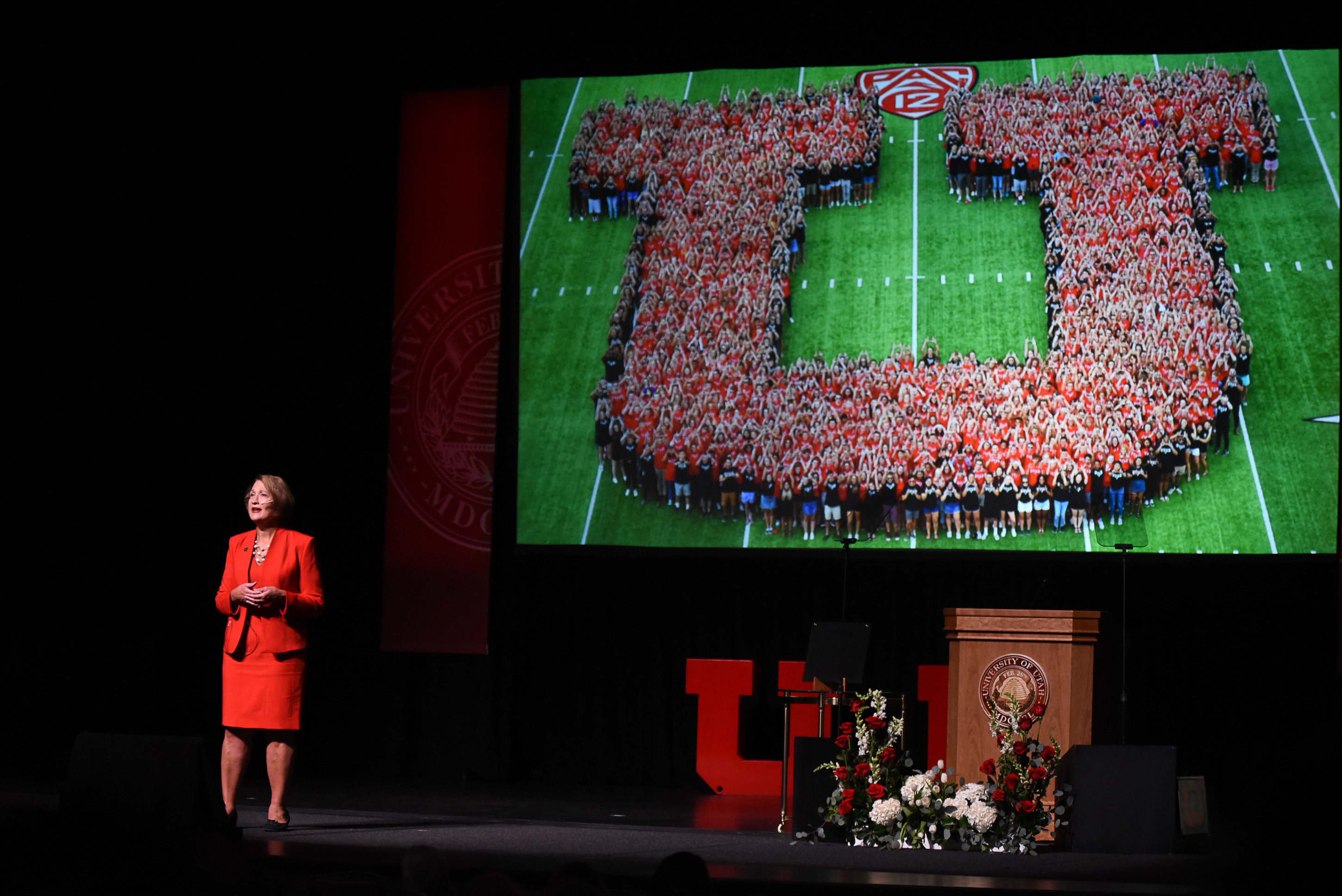 (Francisco Kjolseth | The Salt Lake Tribune) Ruth Watkins addresses the crowd during her inauguration as the University of Utah's 16th president, and first female, at Kingsbury Hall on Friday, Sept. 21, 2018.