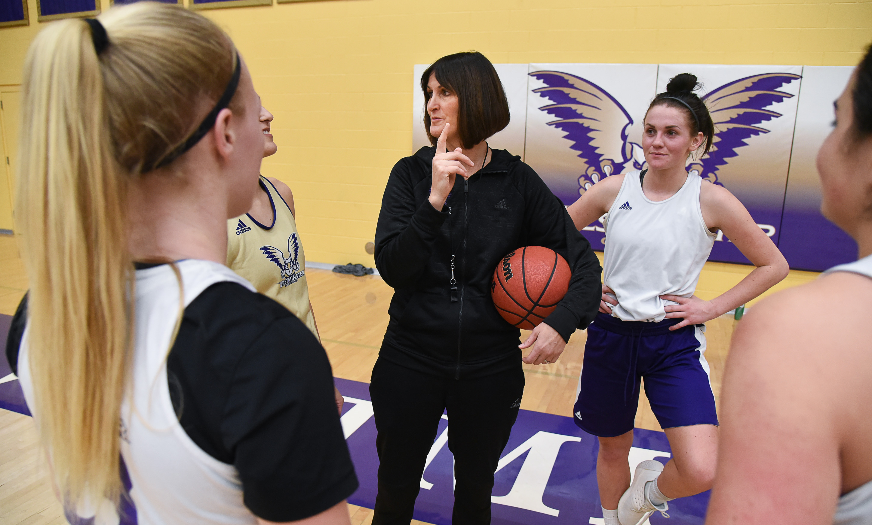 (Francisco Kjolseth | The Salt Lake Tribune) Westminster College women's basketball coach Shelley Jarrard, center, gathers her team during a practice in the Behnken Field House on Tuesday, Ja. 29, 2019. 