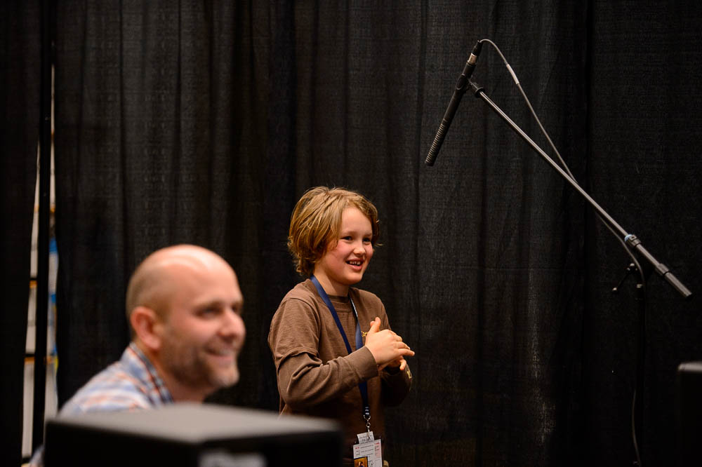 (Trent Nelson | The Salt Lake Tribune) Gavin Chard, center, prepares to perform for audio engineer Owen Peterson of SHATTERboom Studios during a sound effects workshop at the Tumbleweeds Film Festival at The Leonardo Museum in Salt Lake City, Saturday March 3, 2018.
