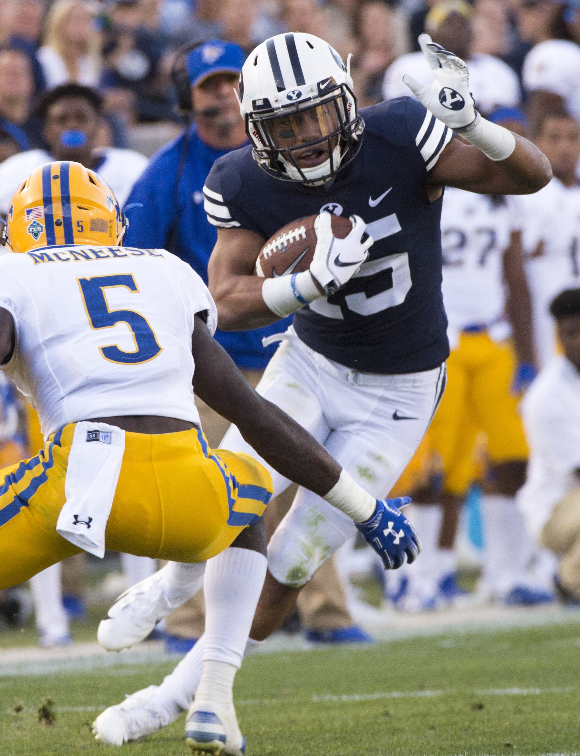 (Rick Egan | The Salt Lake Tribune) Brigham Young Cougars wide receiver Aleva Hifo (15) tries to get by McNeese State Cowboys defensive back Jovon Burriss (5), in football action Brigham Young Cougars vs McNeese State Cowboys at Lavell Edwards Stadium, Saturday, Sept. 22, 2018. 