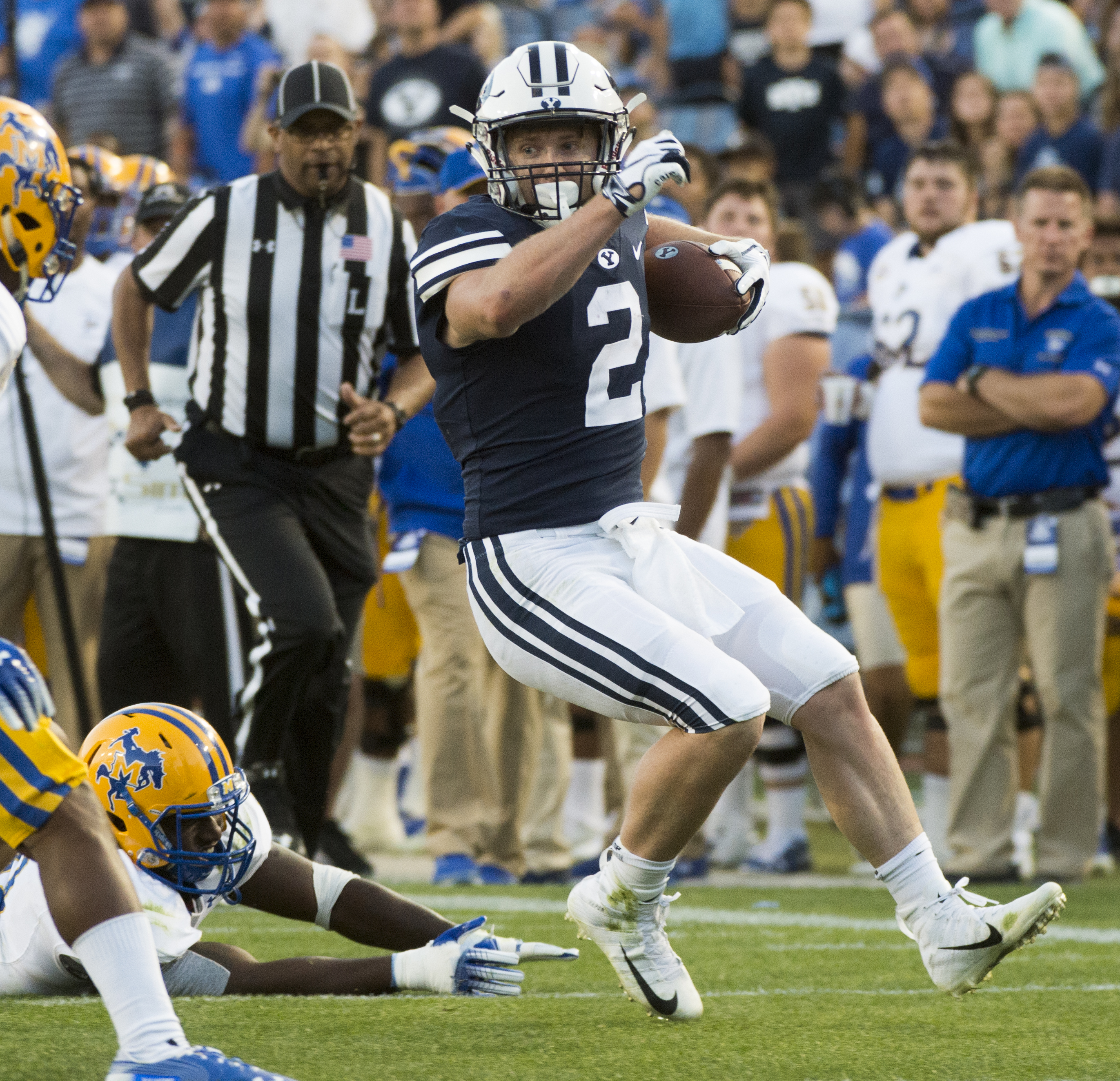 (Rick Egan | The Salt Lake Tribune) Brigham Young running back Matt Hadley (2) runs the ball for the Cougars, in football action Brigham Young Cougars vs McNeese State Cowboys at Lavell Edwards Stadium, Saturday, Sept. 22, 2018. 