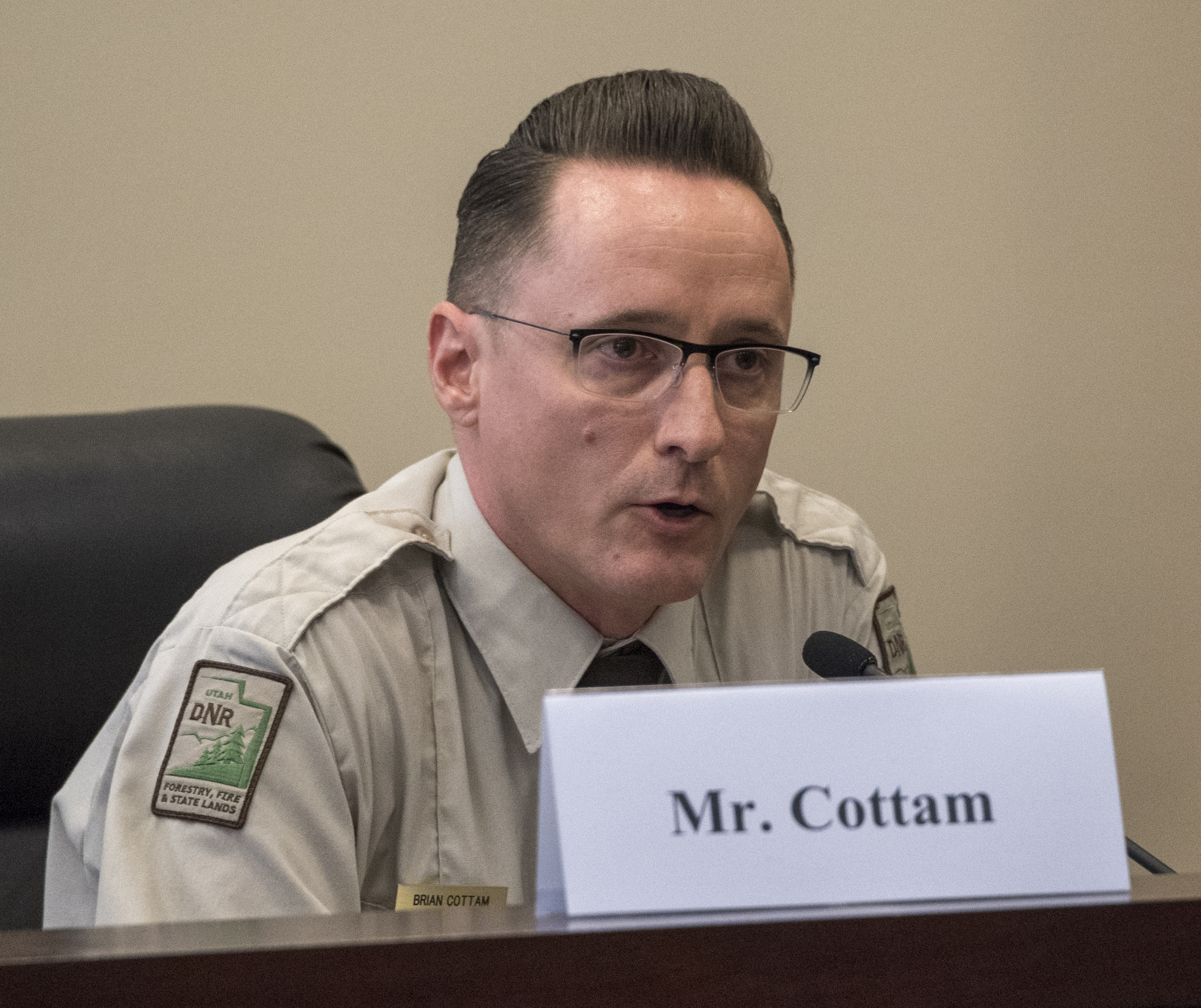(Rick Egan | The Salt Lake Tribune) Lt. Brain Cottam, State Forester, Utah Department of Natural Resources makes a comment, during a U.S. House Natural Resources Committee forum about how to address catastrophic wildfires, at the State Senate Building, Thursday, Aug. 30, 2018. 