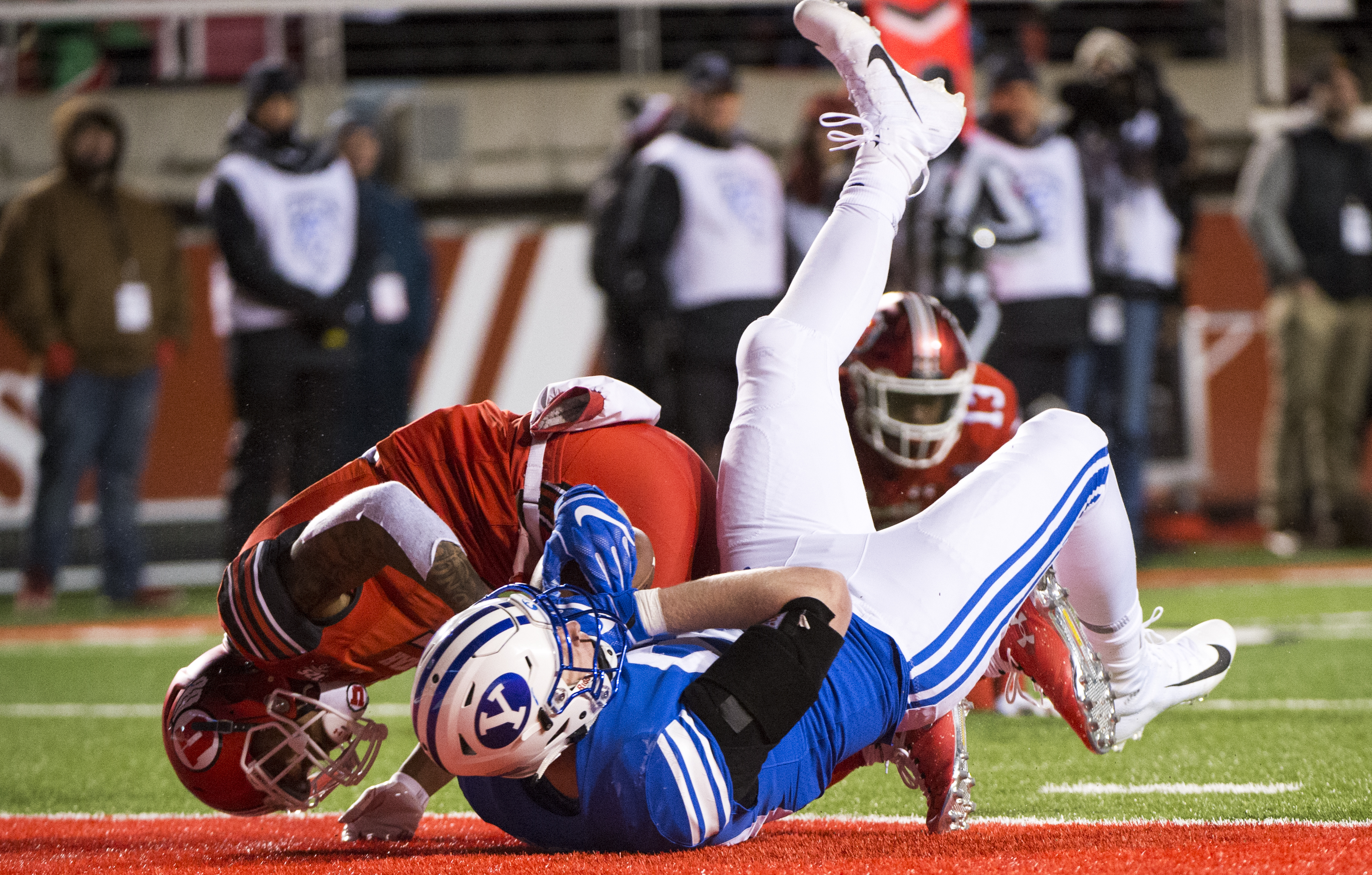 (Rick Egan | The Salt Lake Tribune) Brigham Young tight end Matt Bushman (89) lands in the end zone for a Cougar touchdown, in football action between the Brigham Young Cougars and the Utah Utes, at Rice-Eccles Stadium, Saturday, November 24, 2018. 