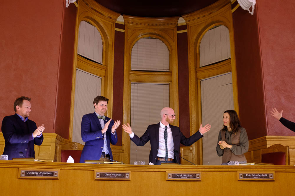 (Trent Nelson | The Salt Lake Tribune) The city council recognizes outgoing City Council Member Derek Kitchen for his service to Salt Lake City District 4 and as 2018 Redevelopment Agency (RDA) Chair during the council meeting in Salt Lake City on Tuesday Nov. 27, 2018. Left to right are Andrew Johnston, Chris Wharton, Kitchen, and Erin Mendenhall.