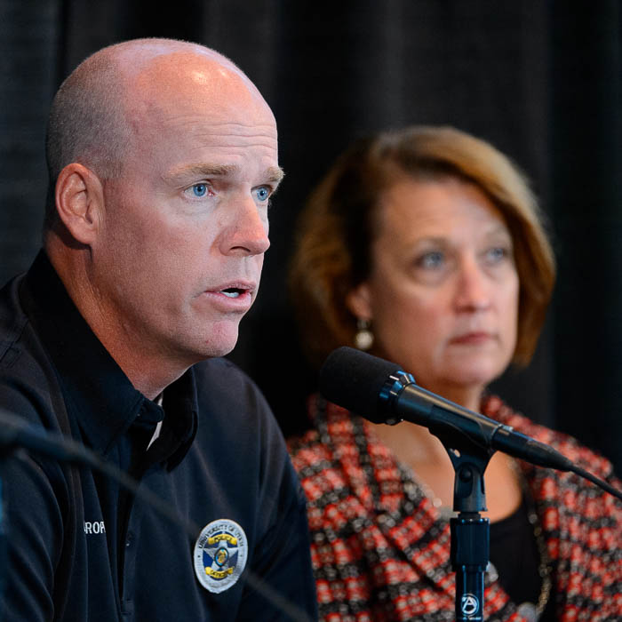 (Trent Nelson | The Salt Lake Tribune) University of Utah Police Chief Dale Brophy and President Ruth Watkins at a press conference regarding the killing of University of Utah student athlete Lauren McCluskey, in Salt Lake City, Thursday Oct. 25, 2018.