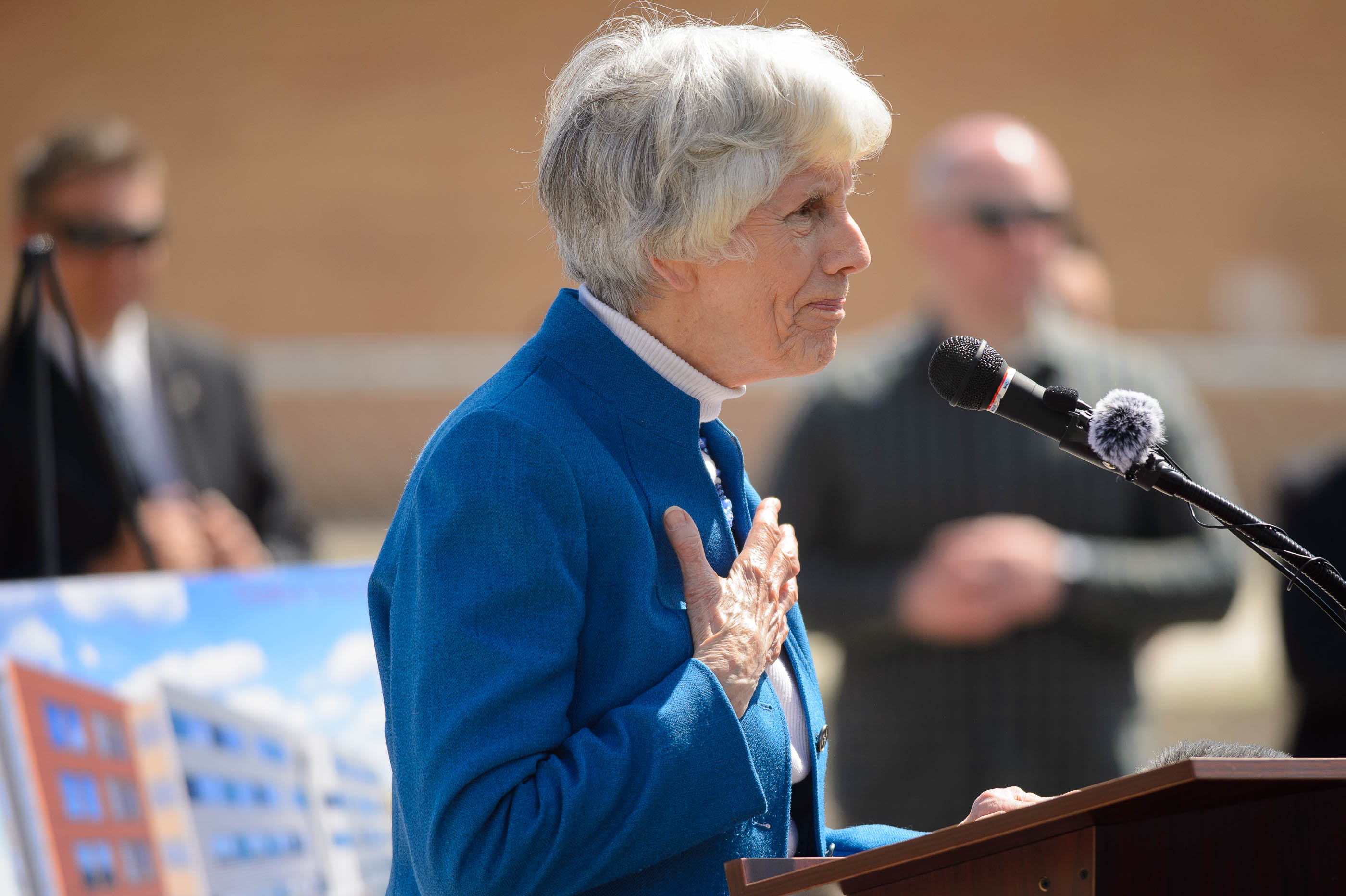 (Trent Nelson | The Salt Lake Tribune) Pamela Atkinson speaks at the groundbreaking ceremony for Pamela's Place Apartments in Salt Lake City on Wednesday April 17, 2019. The development, named after Atkinson, a Utah-based humanitarian and advocate for people experiencing homelessness, will serve as a 100-unit permanent supportive housing complex by combining affordable housing assistance with voluntary support services to address the needs of chronically homeless people.
