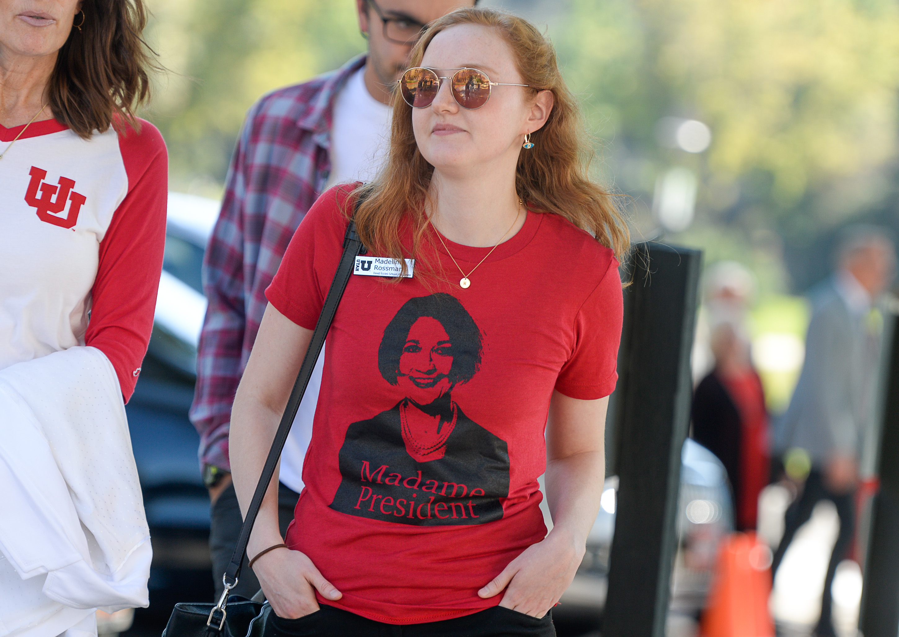 (Francisco Kjolseth | The Salt Lake Tribune) Madeline Rossman, an academic advisor with the University of Utah, shows her support for Ruth Watkins before she was inaugurated as the University of Utah's 16th president, and first female, at Kingsbury Hall on Friday, Sept. 21, 2018. "I'm pumped, especially as a woman in academia... it's so exciting to see a woman leader," exclaimed Rossman sporting a t-shirt with Watkins image that read "Madame President." 