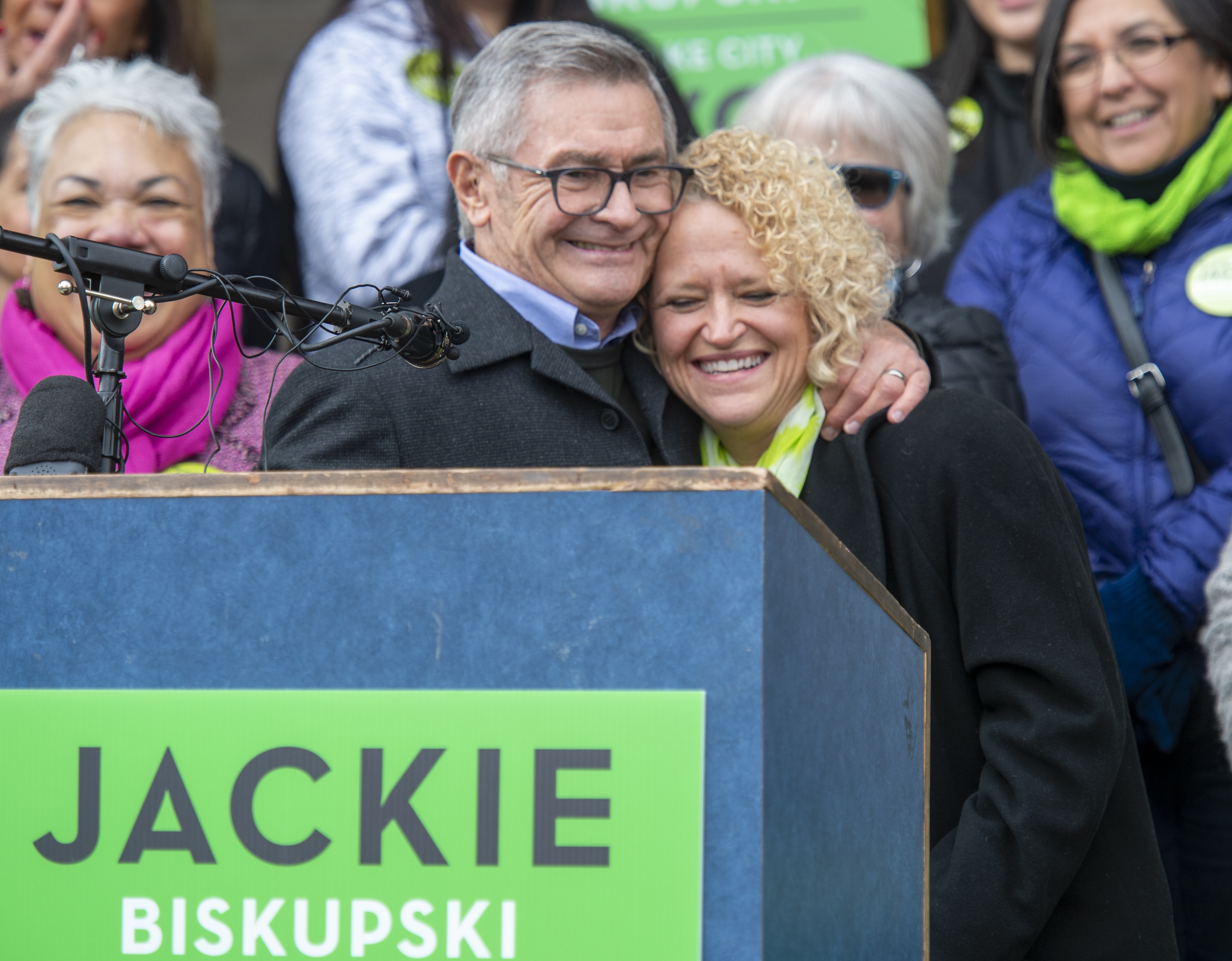(Rick Egan | The Salt Lake Tribune) Former Salt Lake City Mayor, Ted Wilson hugs Salt Lake City Mayor Jackie Biskupski as she launches her re-election campaign as she seeks a second term. Saturday, Feb. 9, 2019. 