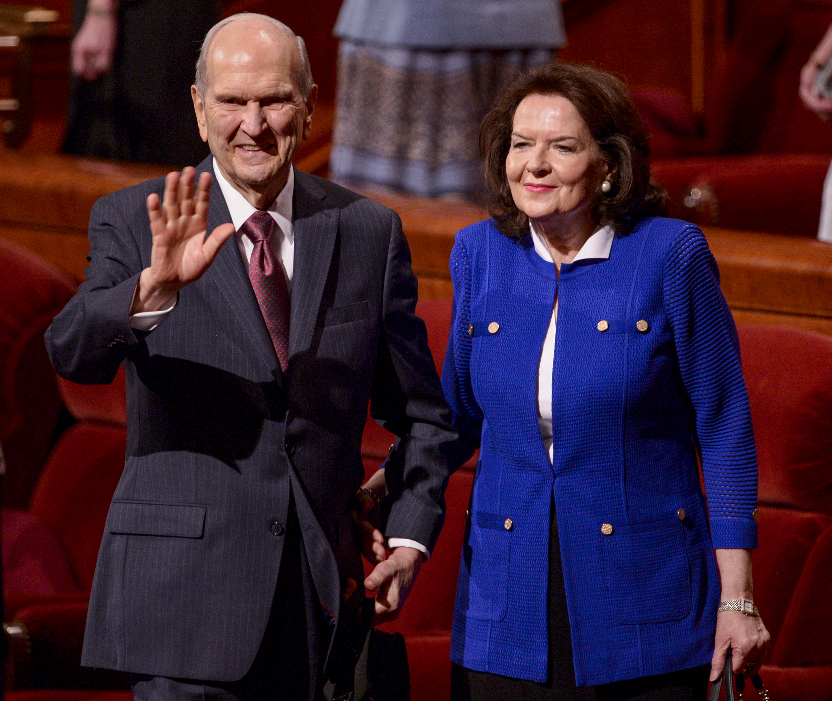 Leah Hogsten | The Salt Lake Tribune President Russell M. Nelson and his wife, Wendy wave to the crowd at the close of the 189th Annual General Conference of The Church of Jesus Christ of Latter-day Saints, April 6, 2019 in Salt Lake City. 
