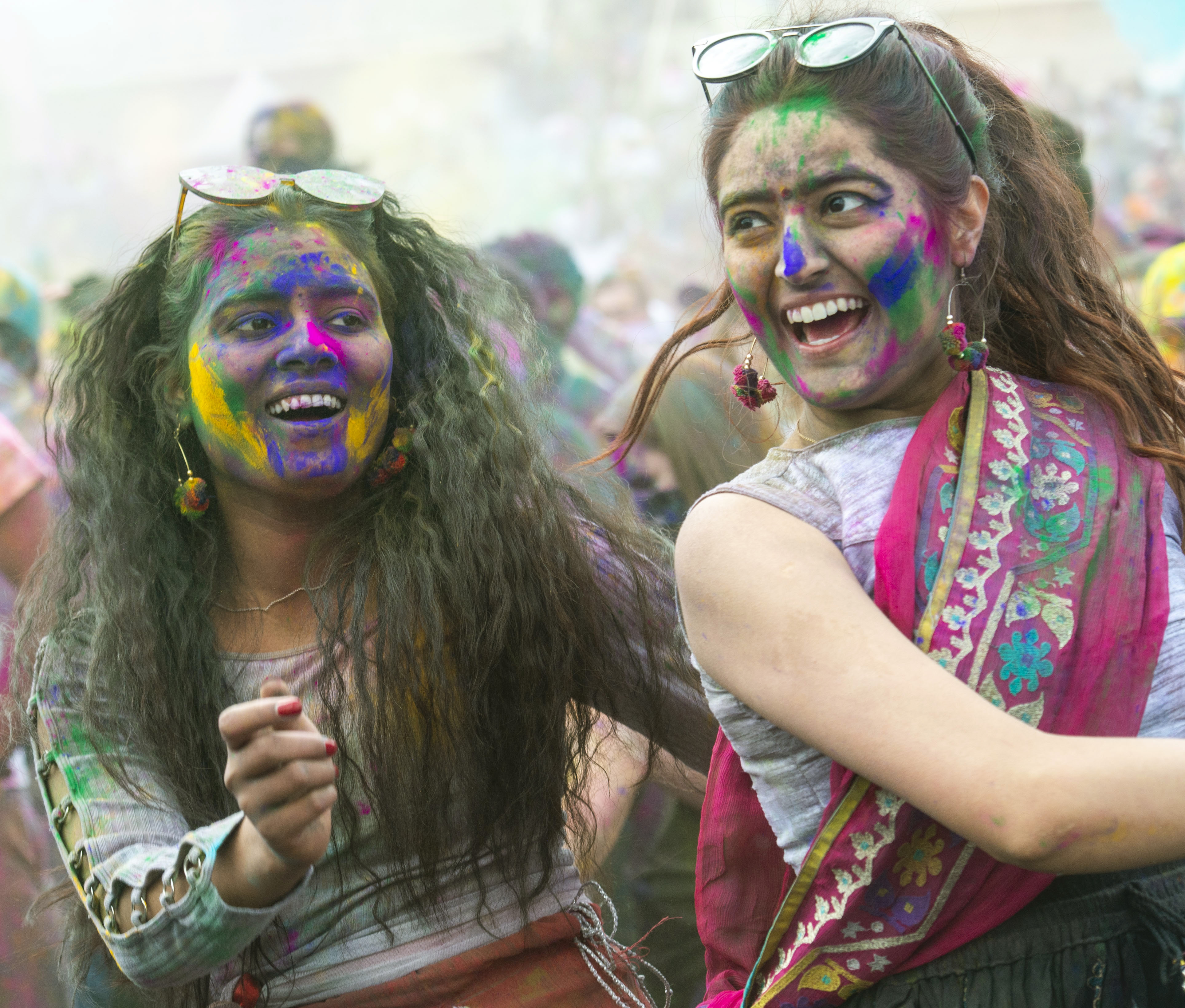 (Rick Egan | The Salt Lake Tribune) Kajal San and Hira Hamid dance along with the Bollypop Utah dancers, at the Holi Festival of Colors celebration at the Sri Sri Radha Krishna Temple in Spanish Fork, Saturday, March 30, 2019.