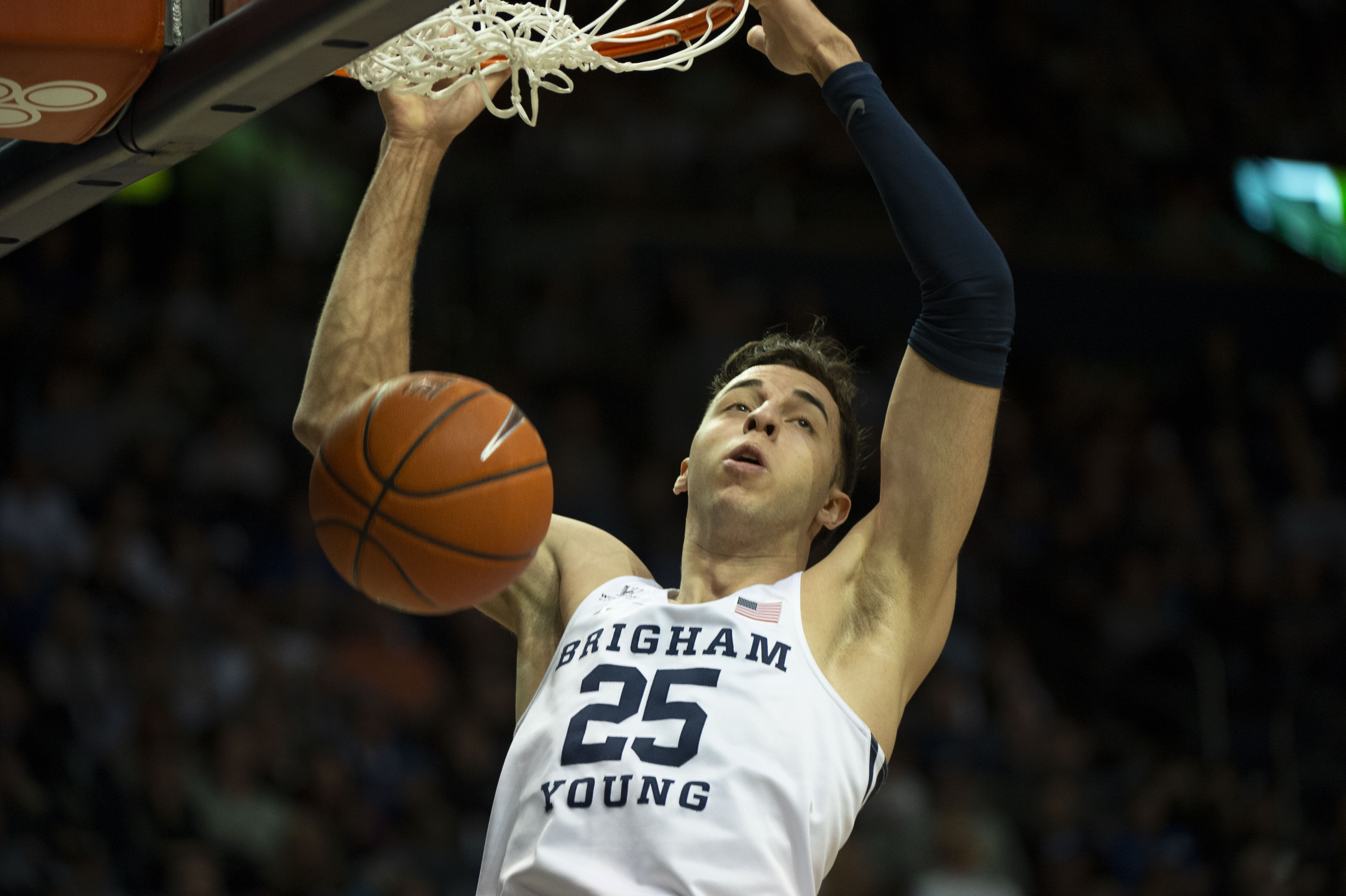 (Rick Egan | The Salt Lake Tribune) Brigham Young forward Gavin Baxter (25) dunks the ball for the Cougars, in WCC basketball action at the Marriott Center, Thursday, February 21, 2018. 