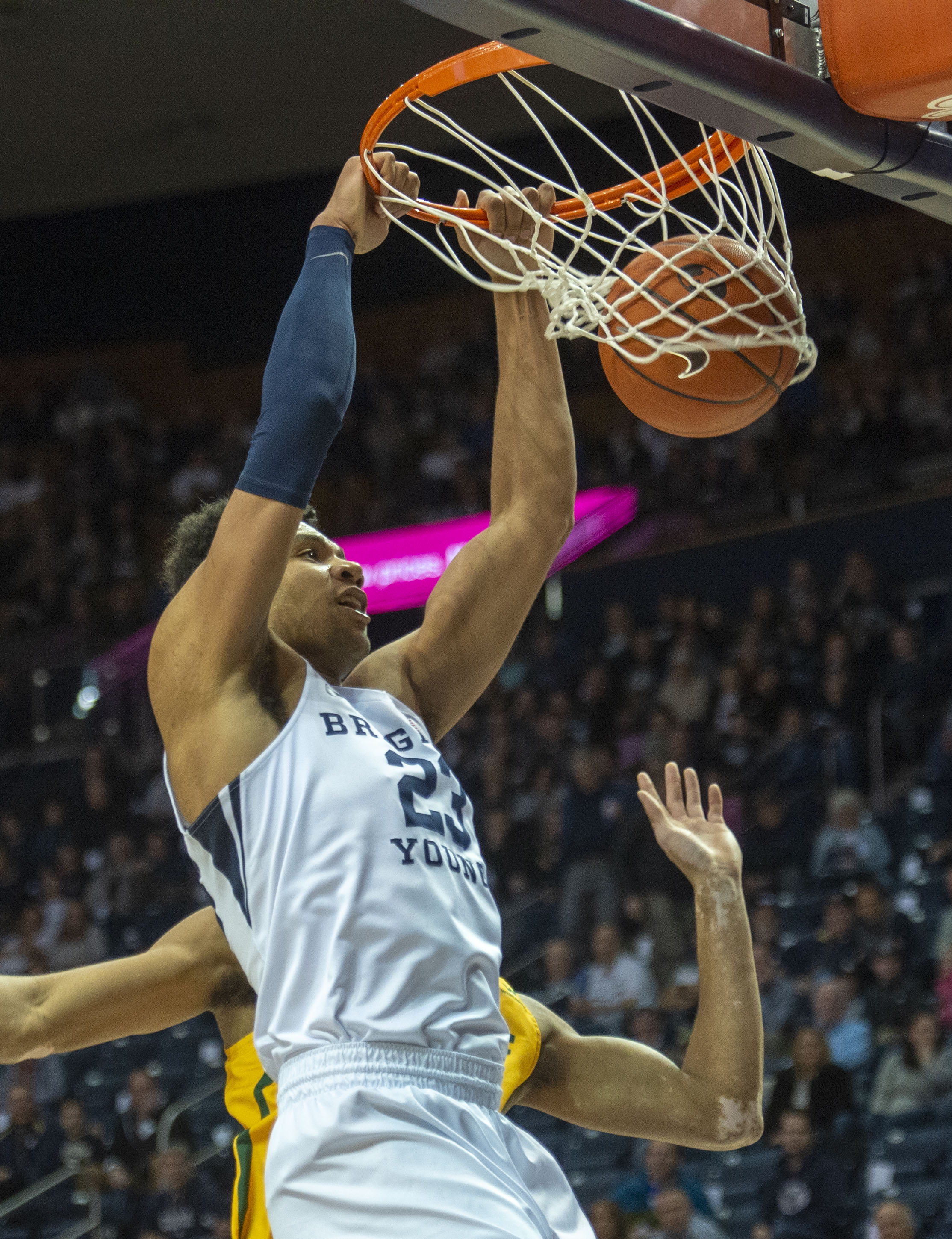 (Rick Egan | The Salt Lake Tribune) Brigham Young forward Yoeli Childs (23) dunks for the Cougars, in WCC basketball action at the Marriott Center, Thursday, February 21, 2018. 