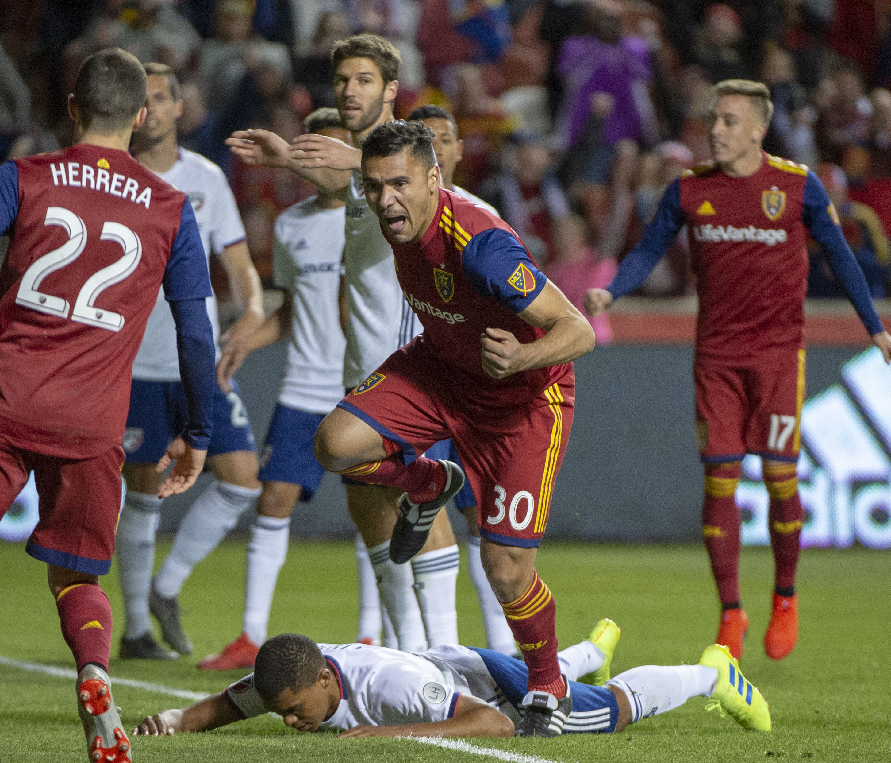 (Rick Egan | The Salt Lake Tribune) Real Salt Lake defender Marcelo Silva (30) reacts after scoring a goal, in MLS action between Real Salt Lake and FC Dallas, at Rio Tinto Stadium, Saturday, March 30, 2019. 