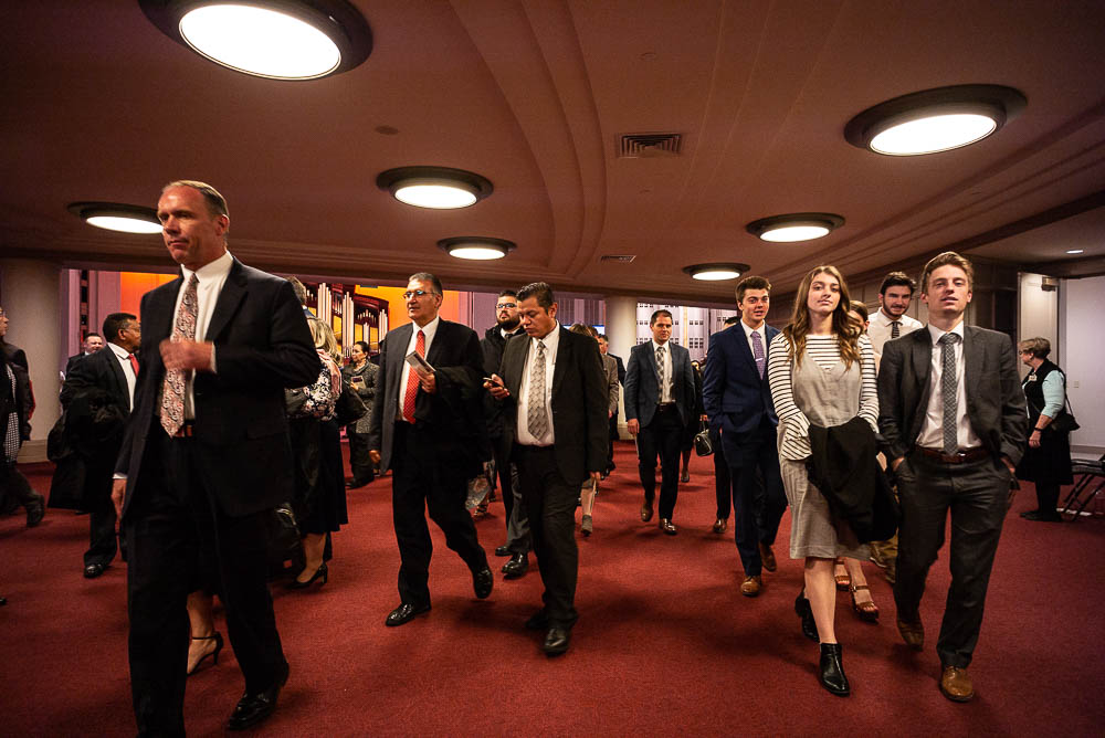 (Trent Nelson | The Salt Lake Tribune) Attendees leaving the morning session of the189th Annual General Conference of The Church of Jesus Christ of Latter-day Saints in Salt Lake City on Sunday April 7, 2019.