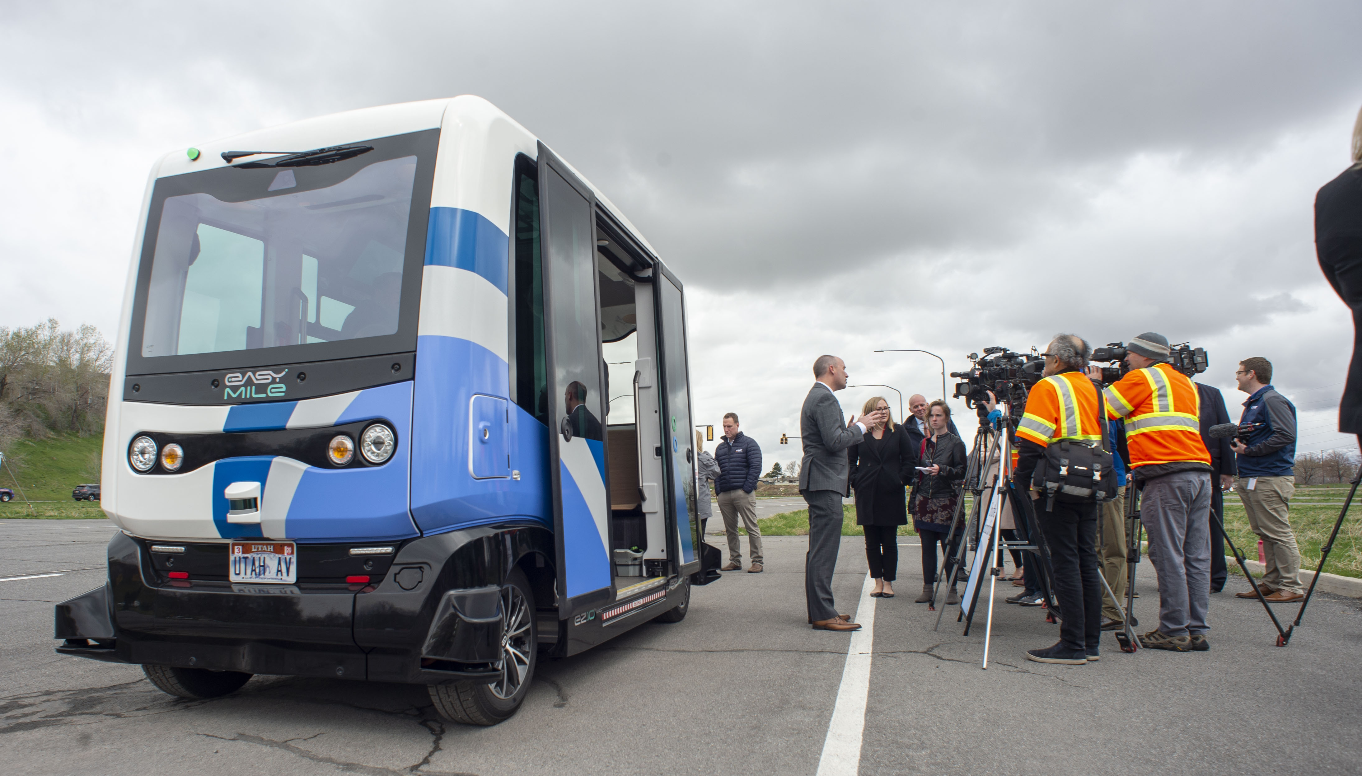 (Rick Egan | The Salt Lake Tribune) Lt. Governor Spencer J. Cox talks to the media after his ride in the Autonomous Shuttle, at the test track is across the street from UDOT headquarters on the west side of 2700 West. Thursday, April 11, 2019. 