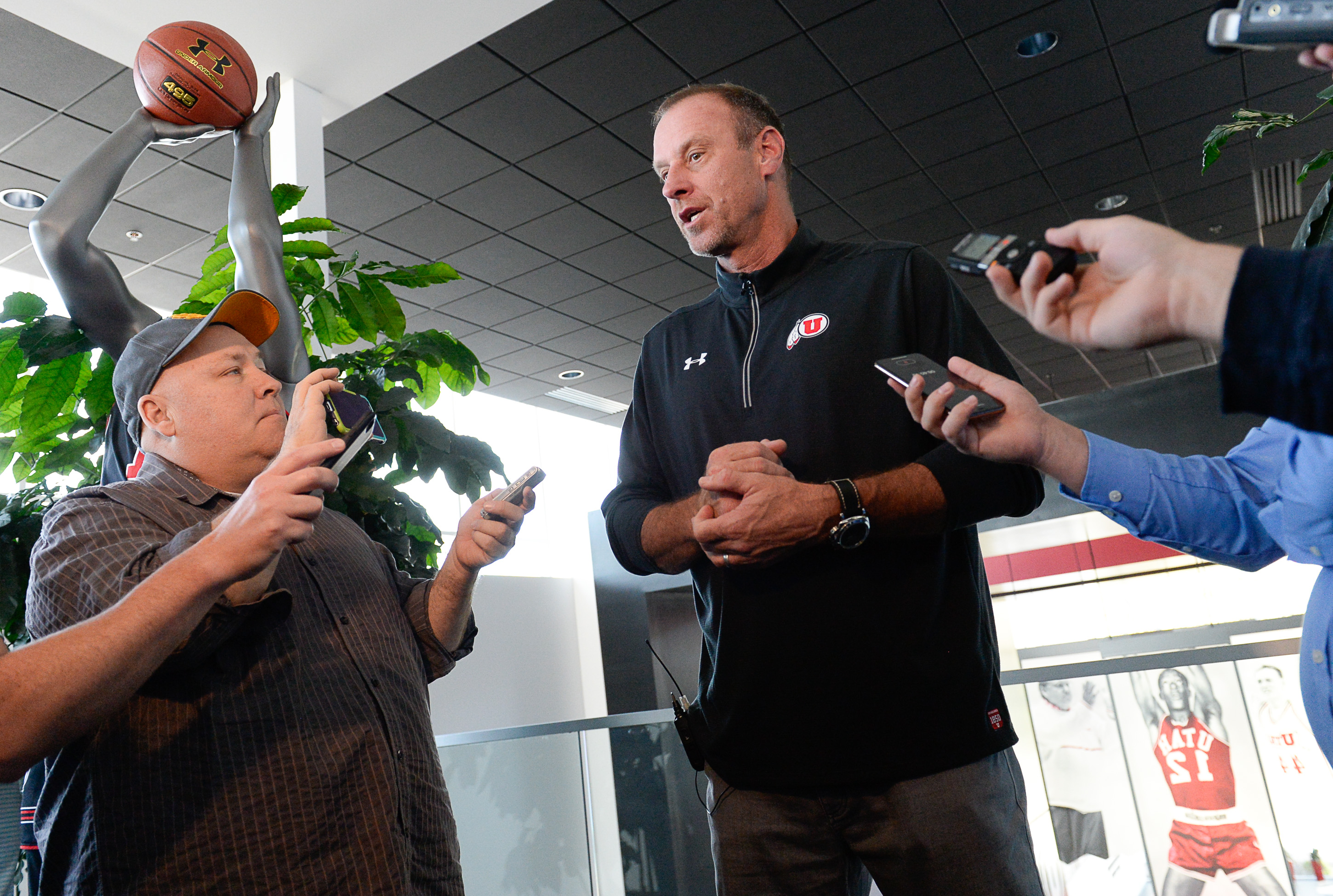 (Francisco Kjolseth | The Salt Lake Tribune) Utah basketball coach Larry Krystkowiak speaks with the press during media day at the Ute basketball practice facility on Wed. Sept. 26, 2018.