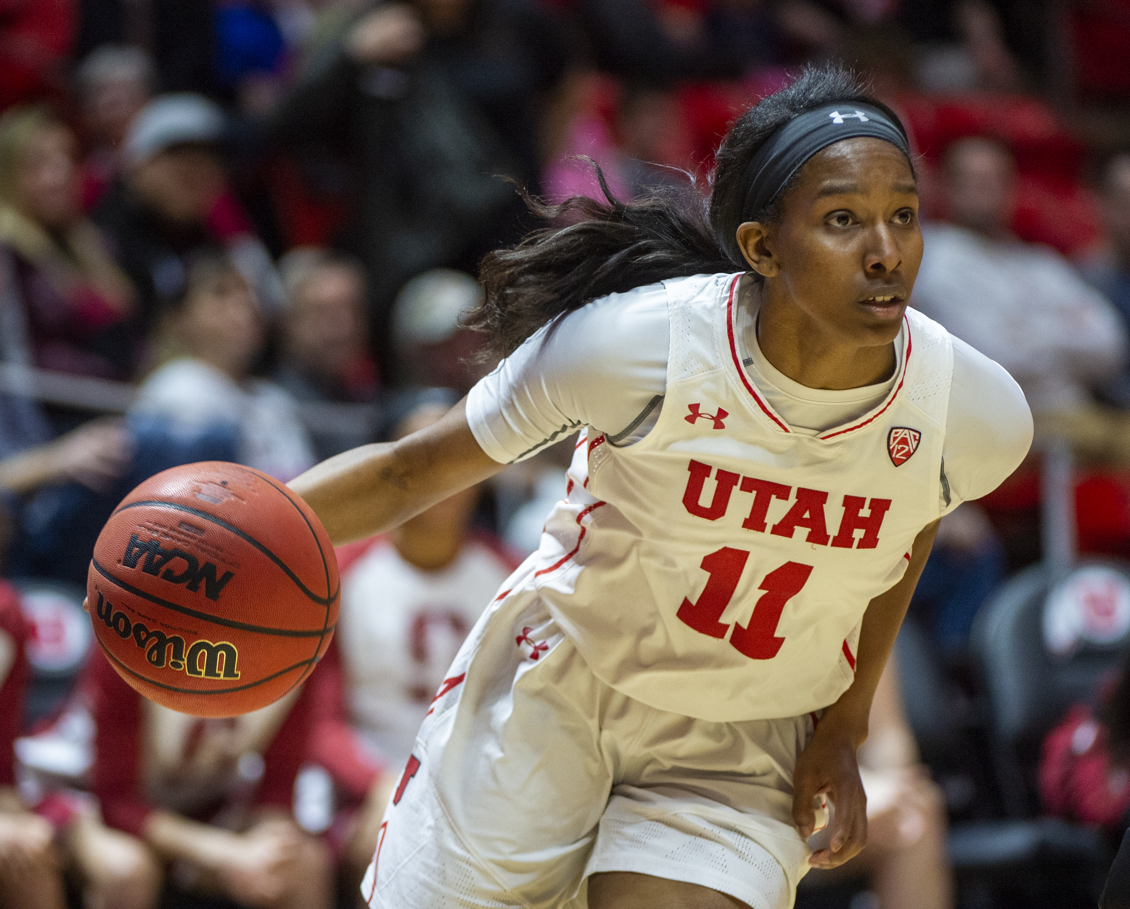 (Rick Egan | The Salt Lake Tribune) Utah Utes guard Erika Bean (11) brings the ball down court, in PAC-12 action between the Utah Utes and the Stanford Cardinals at the Jon M. Huntsman Center. Sunday, Jan. 27, 2019. 