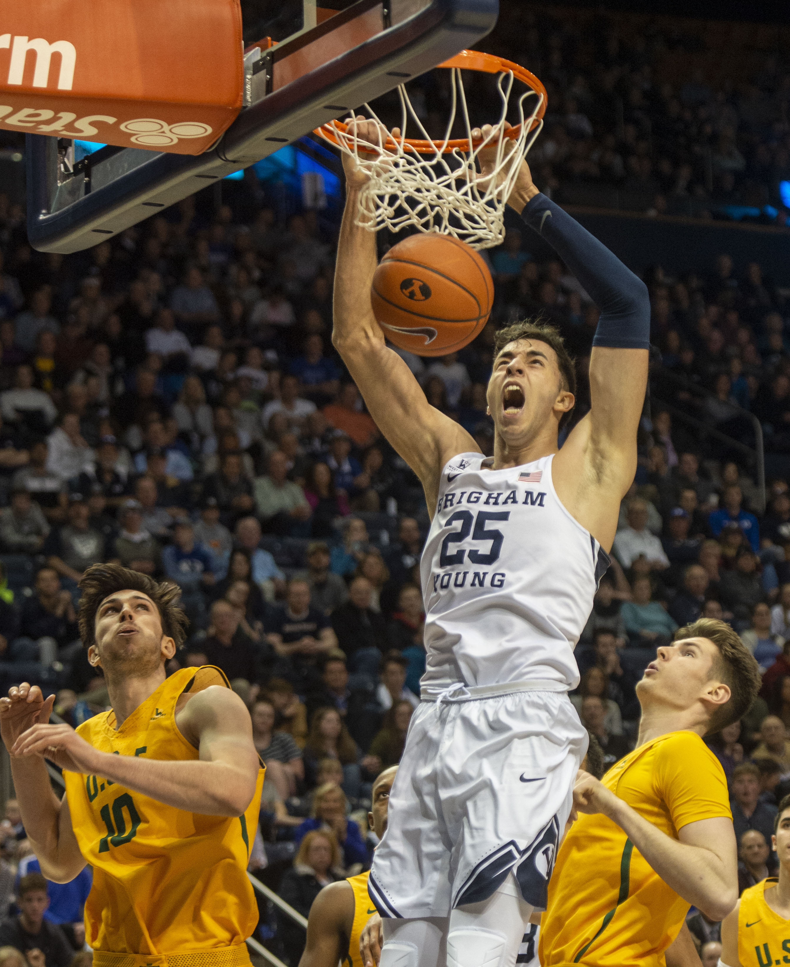 (Rick Egan | The Salt Lake Tribune) Brigham Young forward Gavin Baxter (25) dunks the ball for the Cougars, in WCC basketball action between Brigham Young Cougars and San Francisco Dons, at the Marriott Center, Thursday, February 21, 2018. 