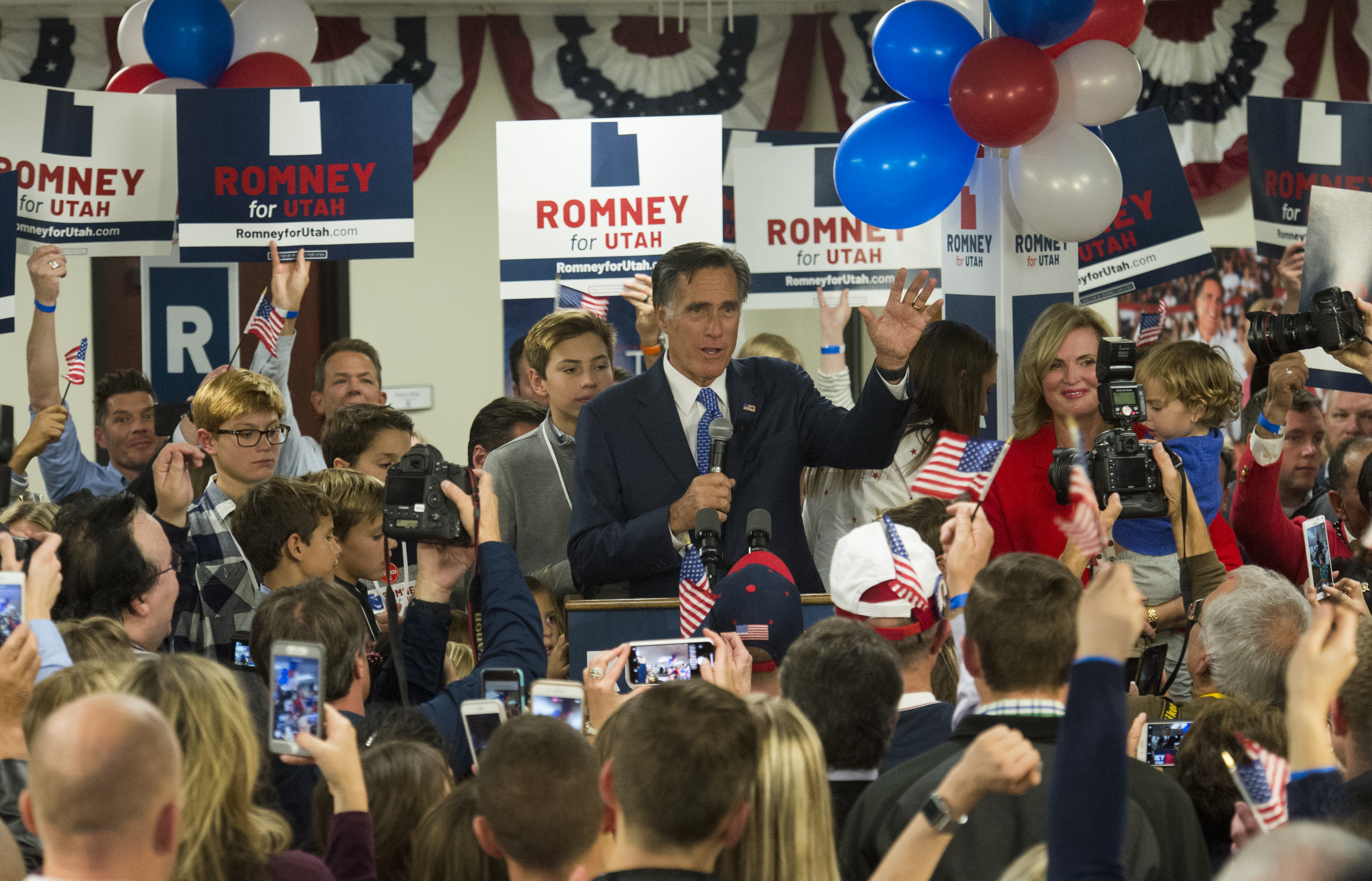(Rick Egan | Tribune file photo) Mitt Romney gives his victory speech, at the Romney Headquarters, in Orem, on election night, Tuesday, Nov. 6, 2018.