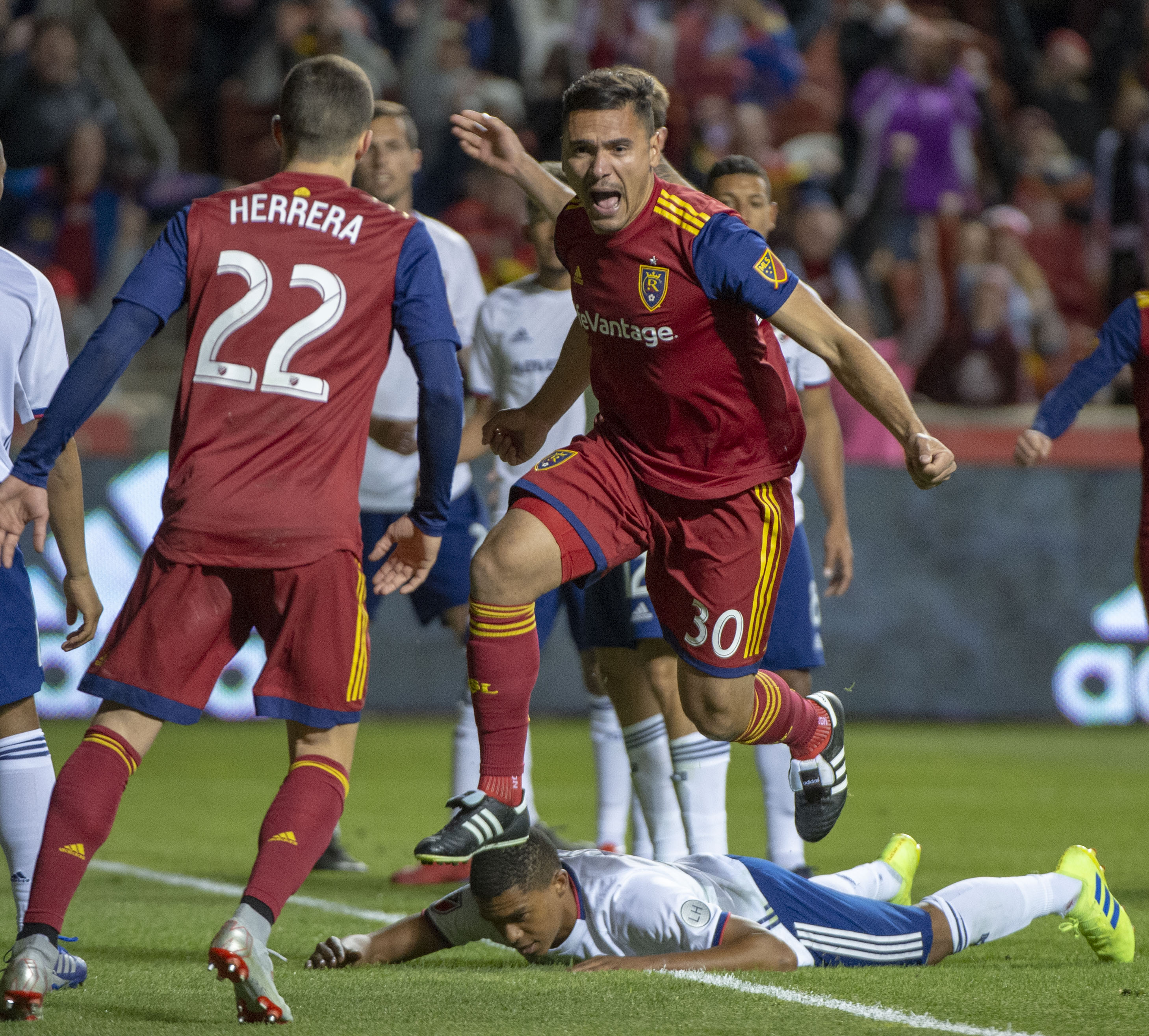 (Rick Egan | The Salt Lake Tribune) Real Salt Lake defender Marcelo Silva (30) reacts after scoring a goal, in MLS action between Real Salt Lake and FC Dallas, at Rio Tinto Stadium, Saturday, March 30, 2019. 