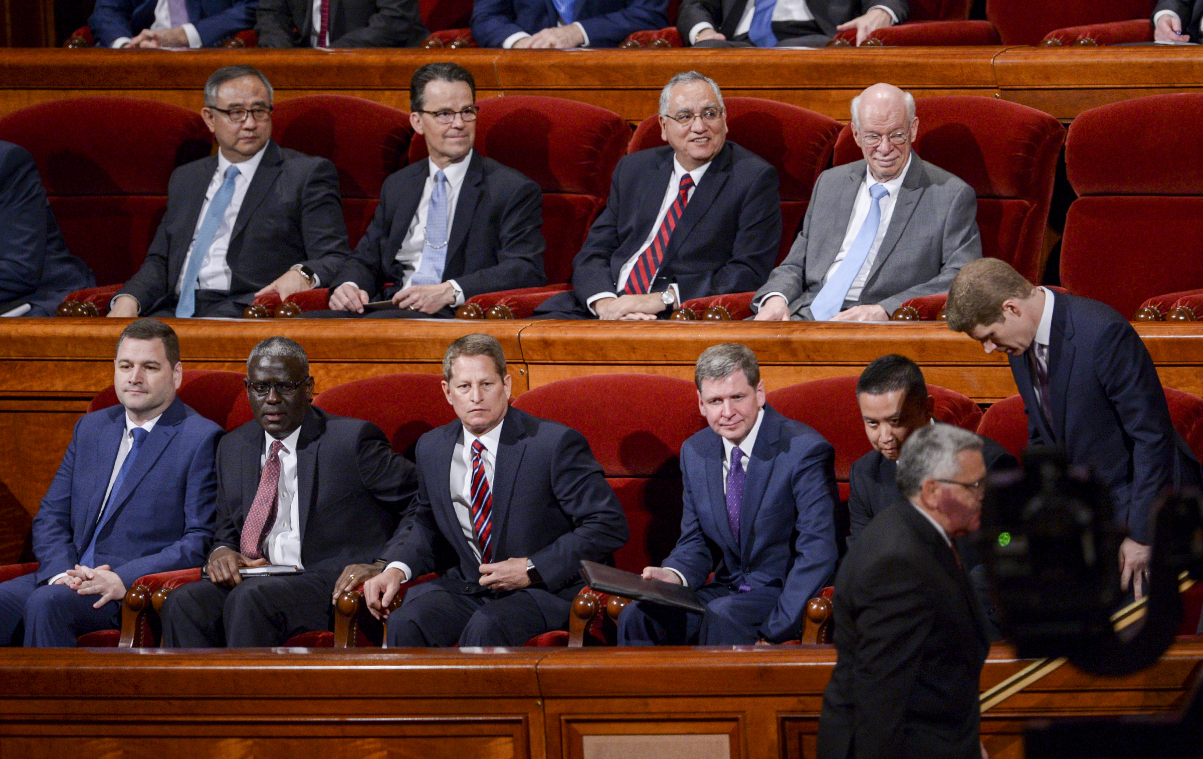 Leah Hogsten | The Salt Lake Tribune Ten new general authority Seventies take their seats during 189th Annual General Conference of The Church of Jesus Christ of Latter-day Saints, April 6, 2019 in Salt Lake City. 