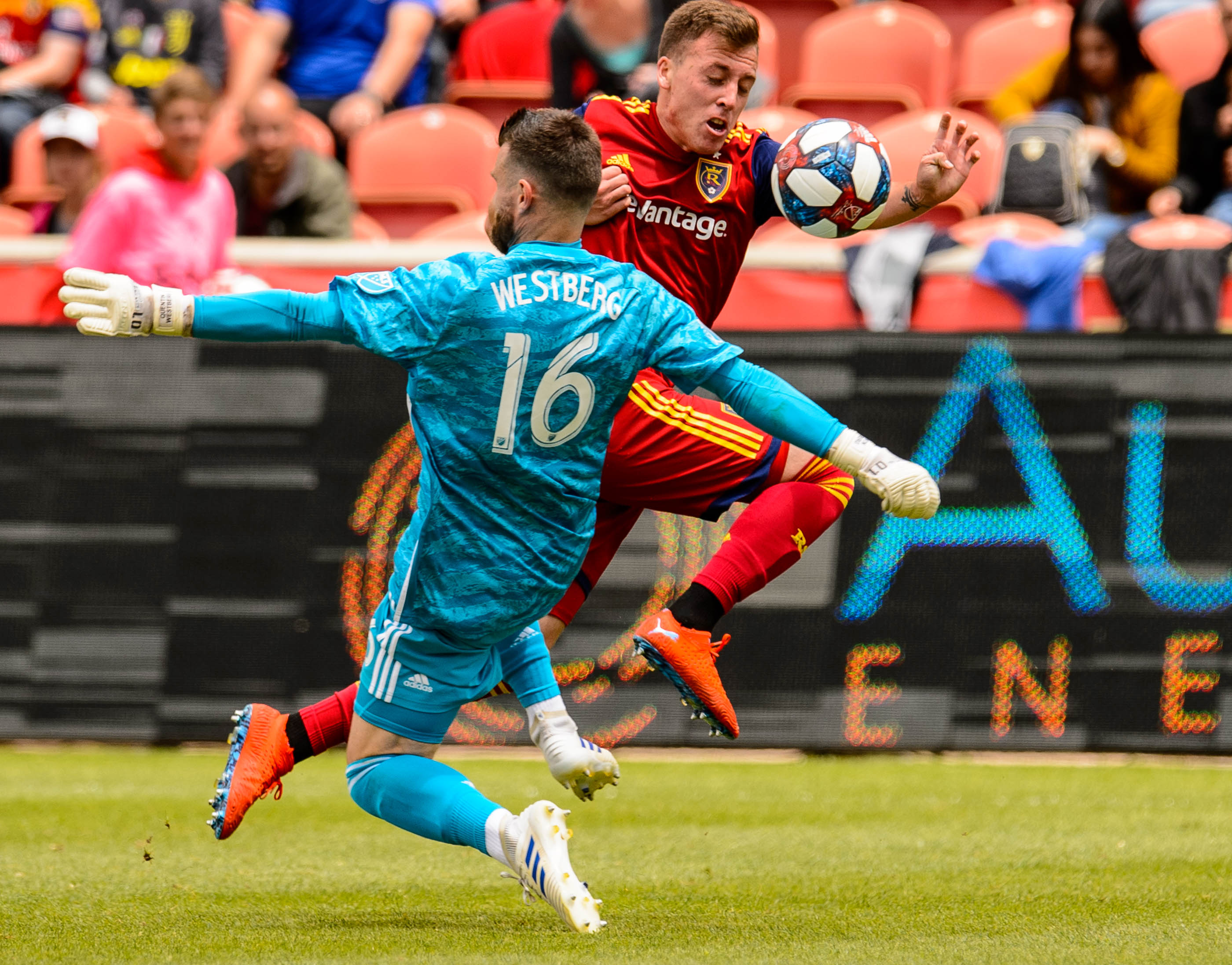 (Trent Nelson | The Salt Lake Tribune) Real Salt Lake forward Corey Baird (17) pushes the ball past Toronto FC goalkeeper Quentin Westberg (16) as Real Salt Lake hosts Toronto FC, MLS Soccer at Rio Tinto Stadium in Sandy on Saturday May 18, 2019.