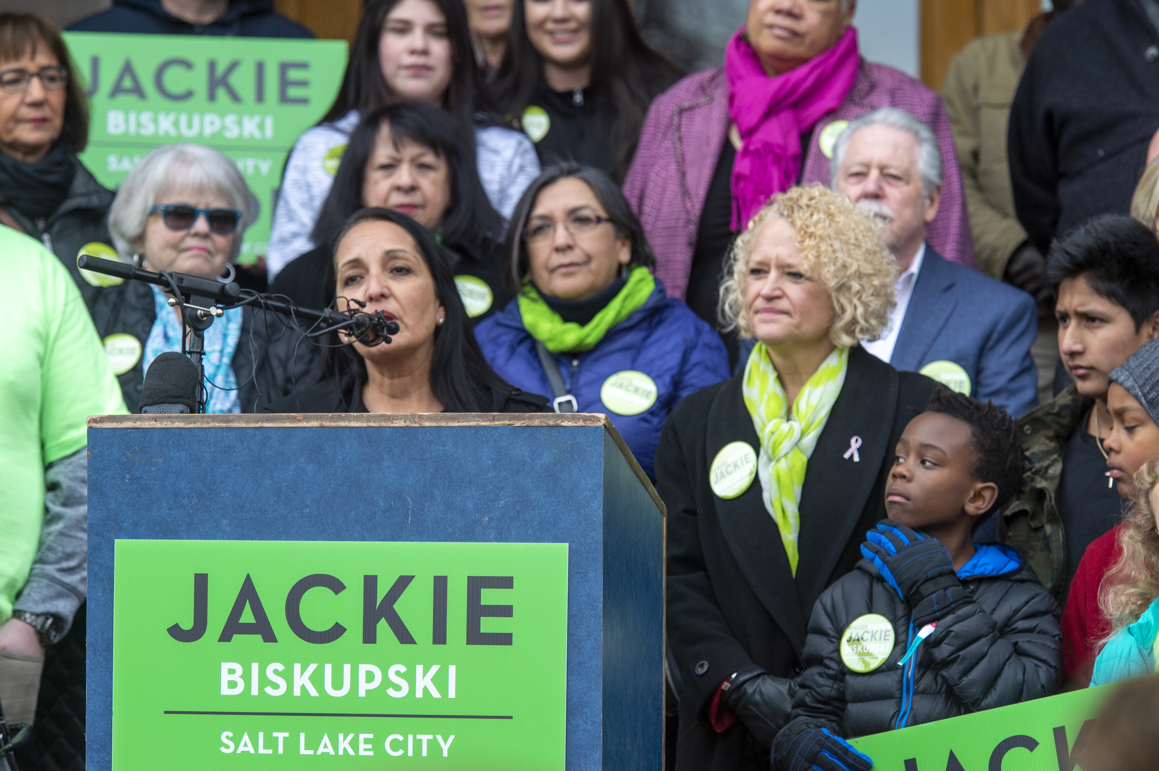 (Rick Egan | The Salt Lake Tribune) Supporters gather on the east steps of the City Building, as Sheriff Rosie Rivera gives her support for Salt Lake City Mayor Jackie Biskupski as she launches her re-election campaign as she seeks a second term. Saturday, Feb. 9, 2019. 