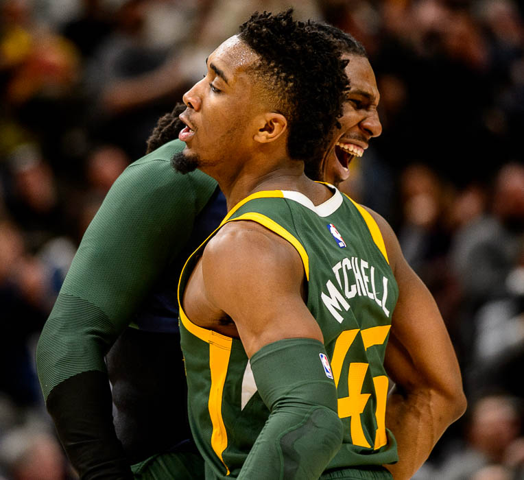 (Trent Nelson | The Salt Lake Tribune) Utah Jazz guard Donovan Mitchell (45) and Utah Jazz forward Jae Crowder (99) celebrate as the Utah Jazz host the Denver Nuggets, NBA basketball in Salt Lake City on Wednesday Jan. 23, 2019.