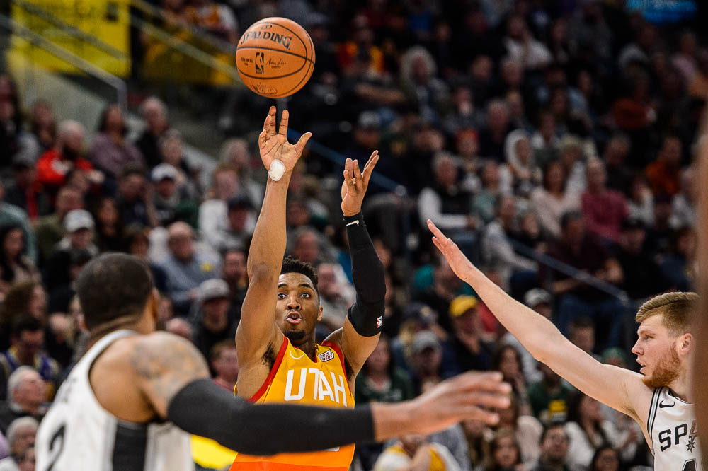 (Trent Nelson | The Salt Lake Tribune) Utah Jazz guard Donovan Mitchell (45) shoots as the Utah Jazz host the San Antonio Spurs, NBA basketball in Salt Lake City on Saturday Feb. 9, 2019.