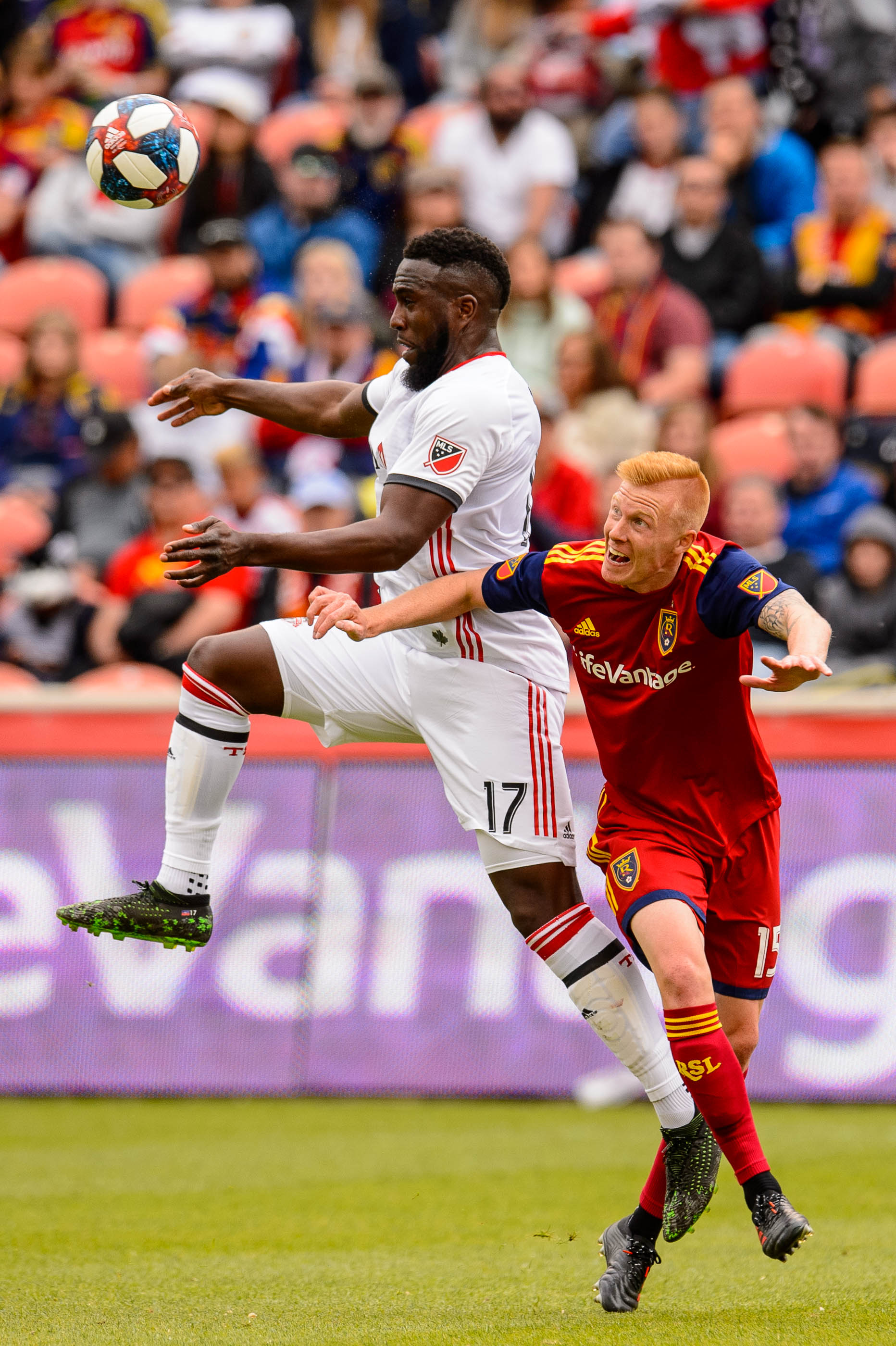 (Trent Nelson | The Salt Lake Tribune) Toronto FC forward Jozy Altidore (17) and Real Salt Lake defender Justen Glad (15) as Real Salt Lake hosts Toronto FC, MLS Soccer at Rio Tinto Stadium in Sandy on Saturday May 18, 2019.