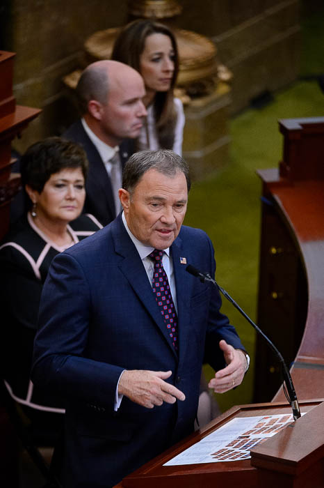 (Trent Nelson | The Salt Lake Tribune) Governor Gary Herbert delivers his State of the State address at the Utah Capitol in Salt Lake City on Wednesday Jan. 30, 2019. At rear are Jeanette Herbert, Lt. Gov. Spencer Cox, and Abby Cox.